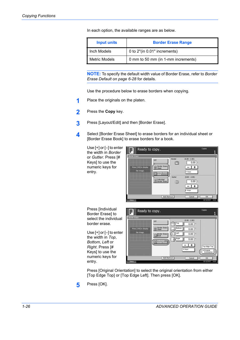 Place the originals on the platen, Press the copy key, Press [layout/edit] and then [border erase | TA Triumph-Adler DC 2325 User Manual | Page 40 / 311