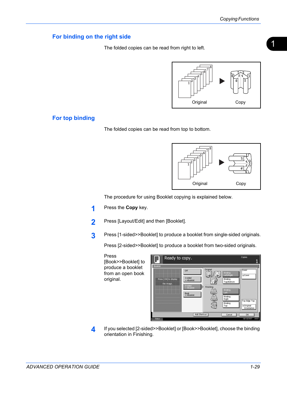 For binding on the right side, For top binding, Copying functions advanced operation guide 1-29 | The folded copies can be read from right to left, Press the copy key, Press [layout/edit] and then [booklet | TA Triumph-Adler DC 2325 User Manual | Page 43 / 311