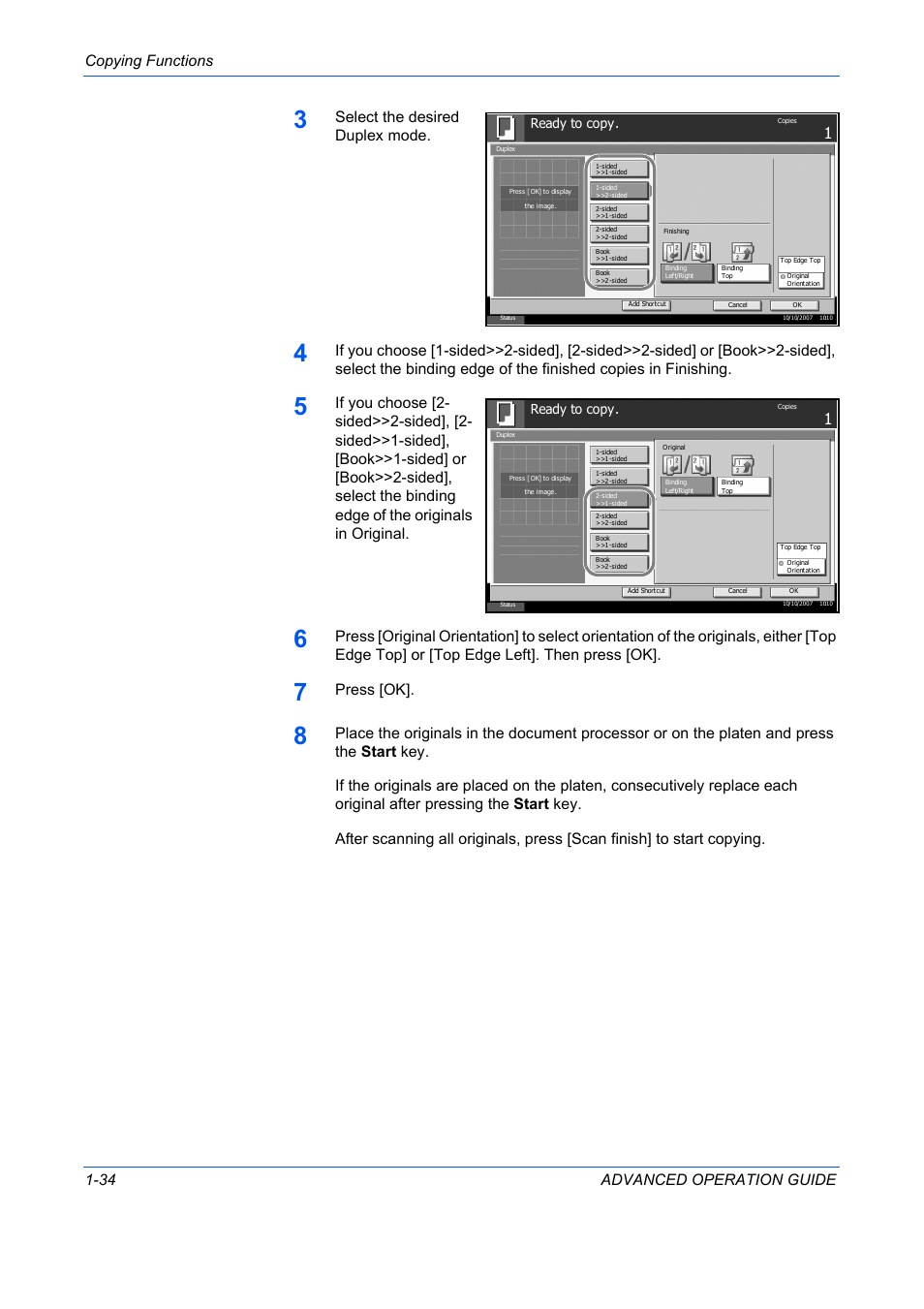 Copying functions 1-34 advanced operation guide, Select the desired duplex mode, Press [ok | Ready to copy | TA Triumph-Adler DC 2325 User Manual | Page 48 / 311