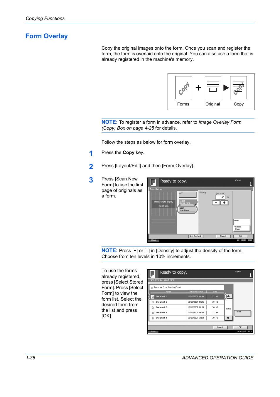 Form overlay, Form overlay -36, Copying functions 1-36 advanced operation guide | Press the copy key, Press [layout/edit] and then [form overlay, Original copy forms, Ready to copy | TA Triumph-Adler DC 2325 User Manual | Page 50 / 311