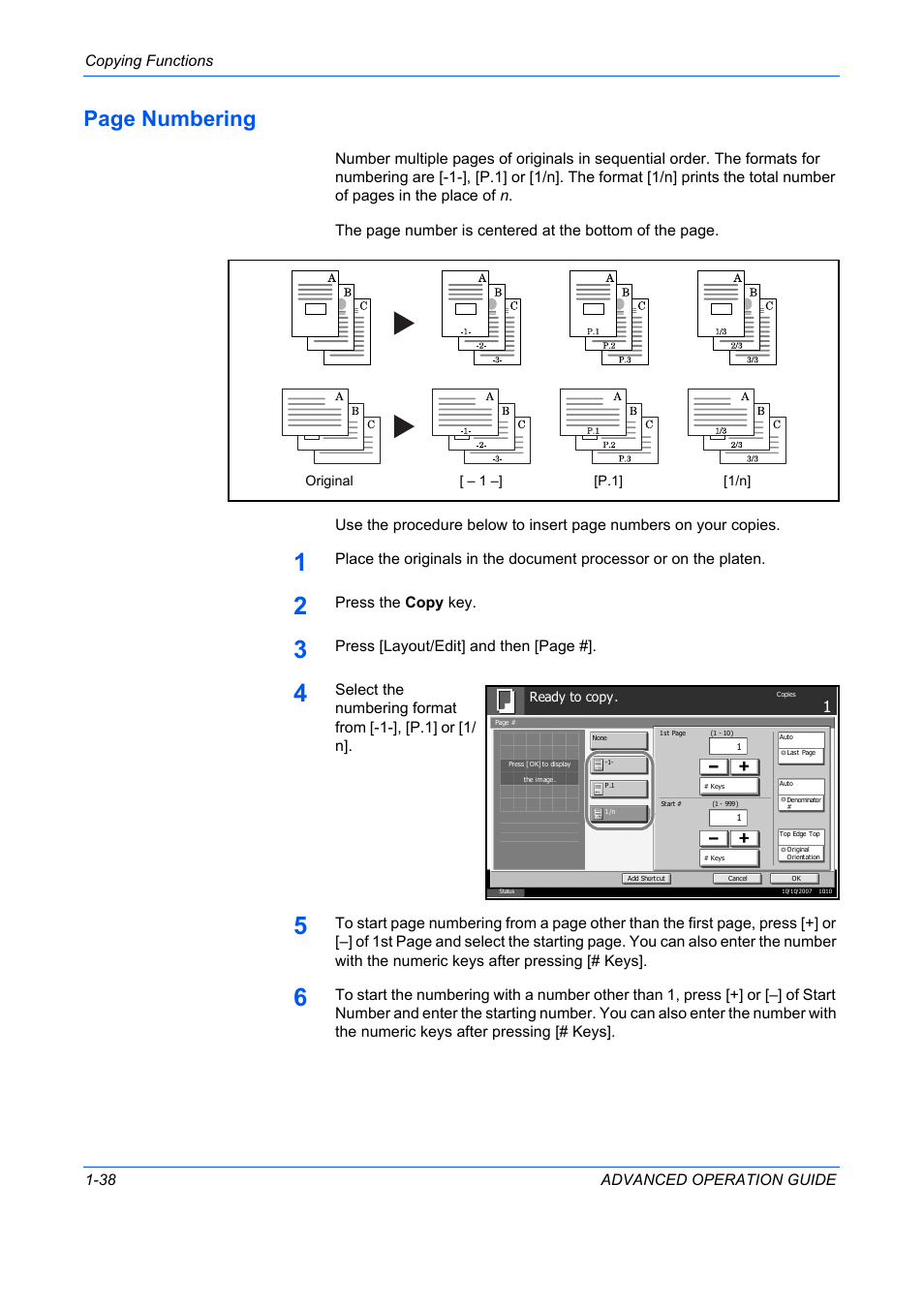 Page numbering, Copying functions 1-38 advanced operation guide, Press the copy key | Press [layout/edit] and then [page | TA Triumph-Adler DC 2325 User Manual | Page 52 / 311