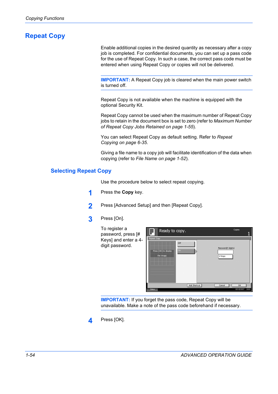 Repeat copy, Selecting repeat copy, Repeat copy -54 | TA Triumph-Adler DC 2325 User Manual | Page 68 / 311