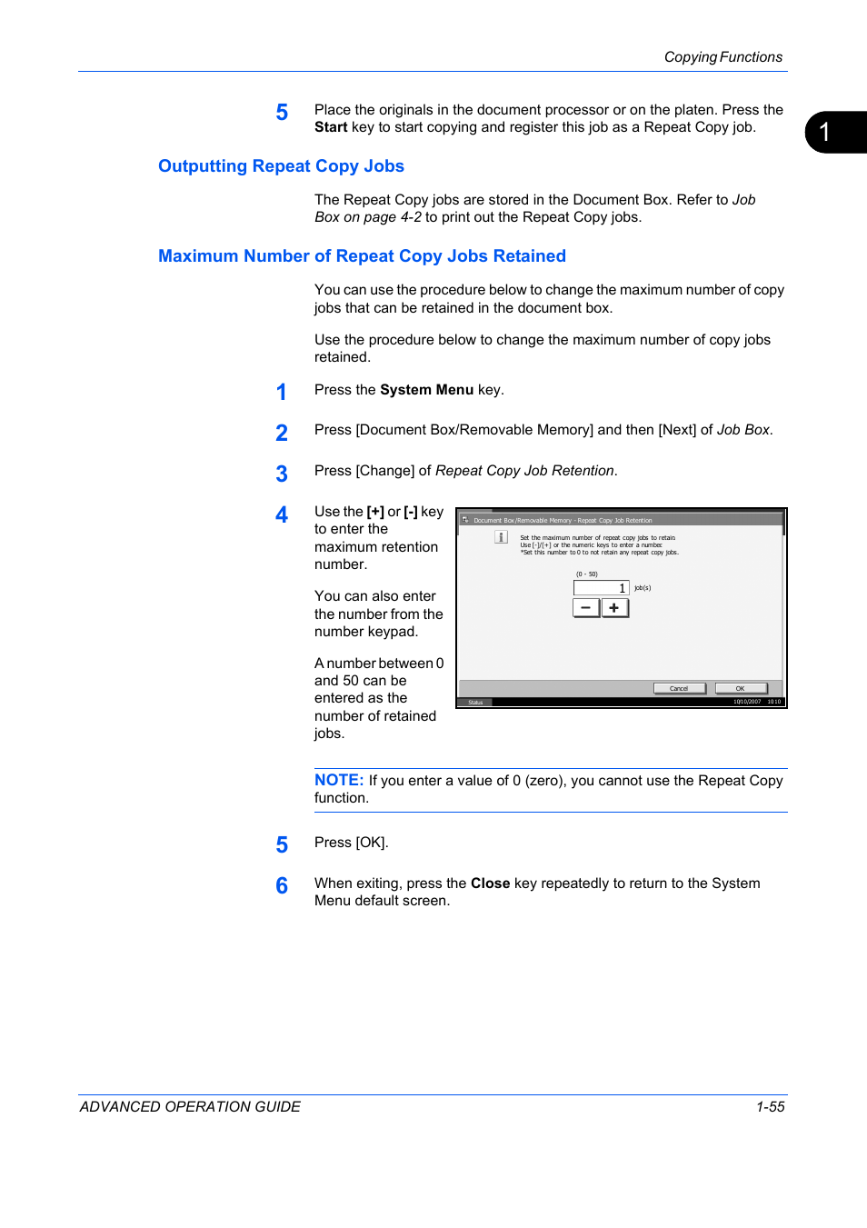 Outputting repeat copy jobs, Maximum number of repeat copy jobs retained | TA Triumph-Adler DC 2325 User Manual | Page 69 / 311