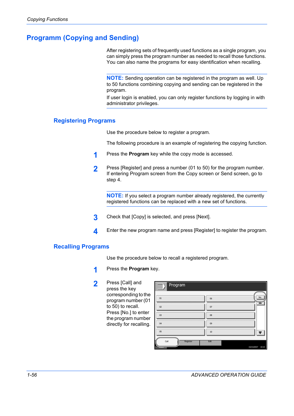 Programm (copying and sending), Registering programs, Recalling programs | Programm (copying and sending) -56 | TA Triumph-Adler DC 2325 User Manual | Page 70 / 311