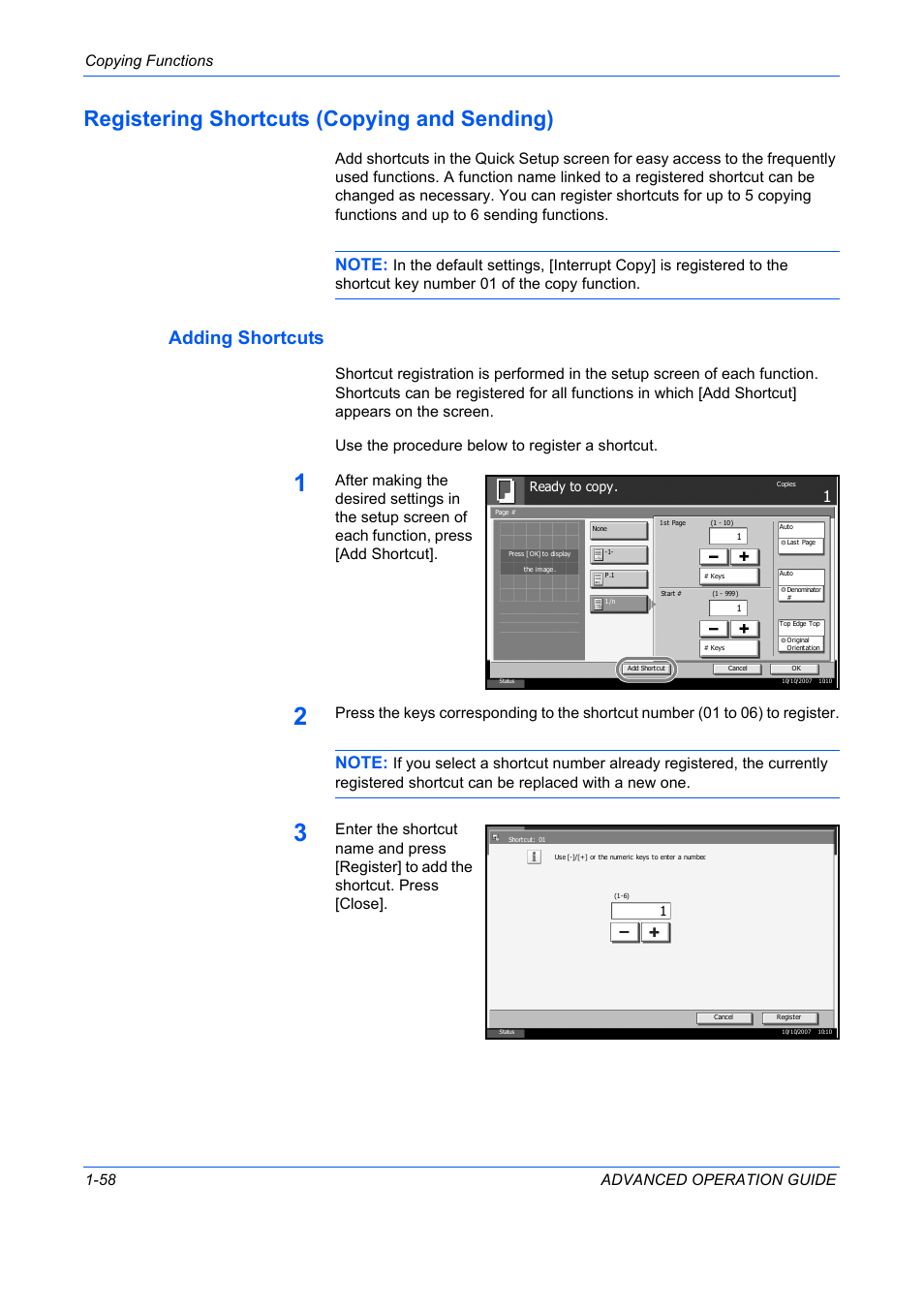 Registering shortcuts (copying and sending), Adding shortcuts, Registering shortcuts (copying and sending) -58 | Copying functions 1-58 advanced operation guide | TA Triumph-Adler DC 2325 User Manual | Page 72 / 311