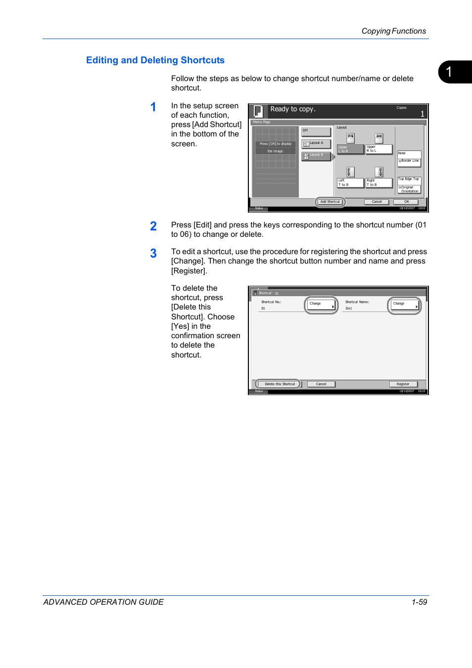 Editing and deleting shortcuts, Copying functions advanced operation guide 1-59 | TA Triumph-Adler DC 2325 User Manual | Page 73 / 311