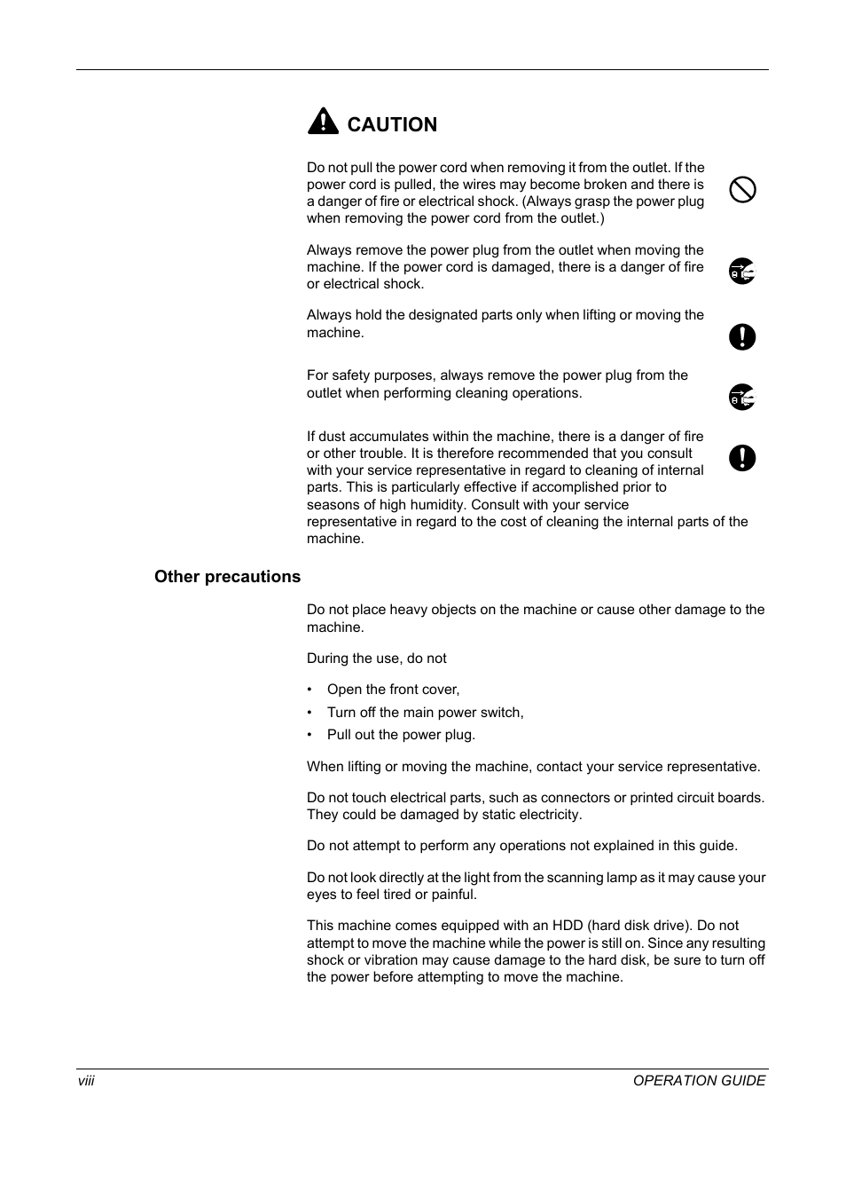 Other precautions, Caution | TA Triumph-Adler DC 2325 User Manual | Page 10 / 229