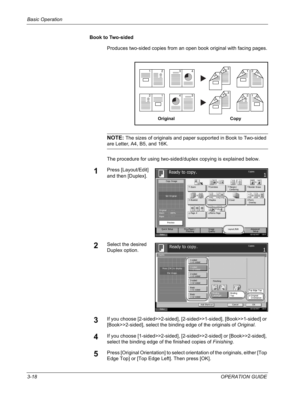 Press [layout/edit] and then [duplex, Select the desired duplex option, Original copy | Ready to copy | TA Triumph-Adler DC 2325 User Manual | Page 104 / 229