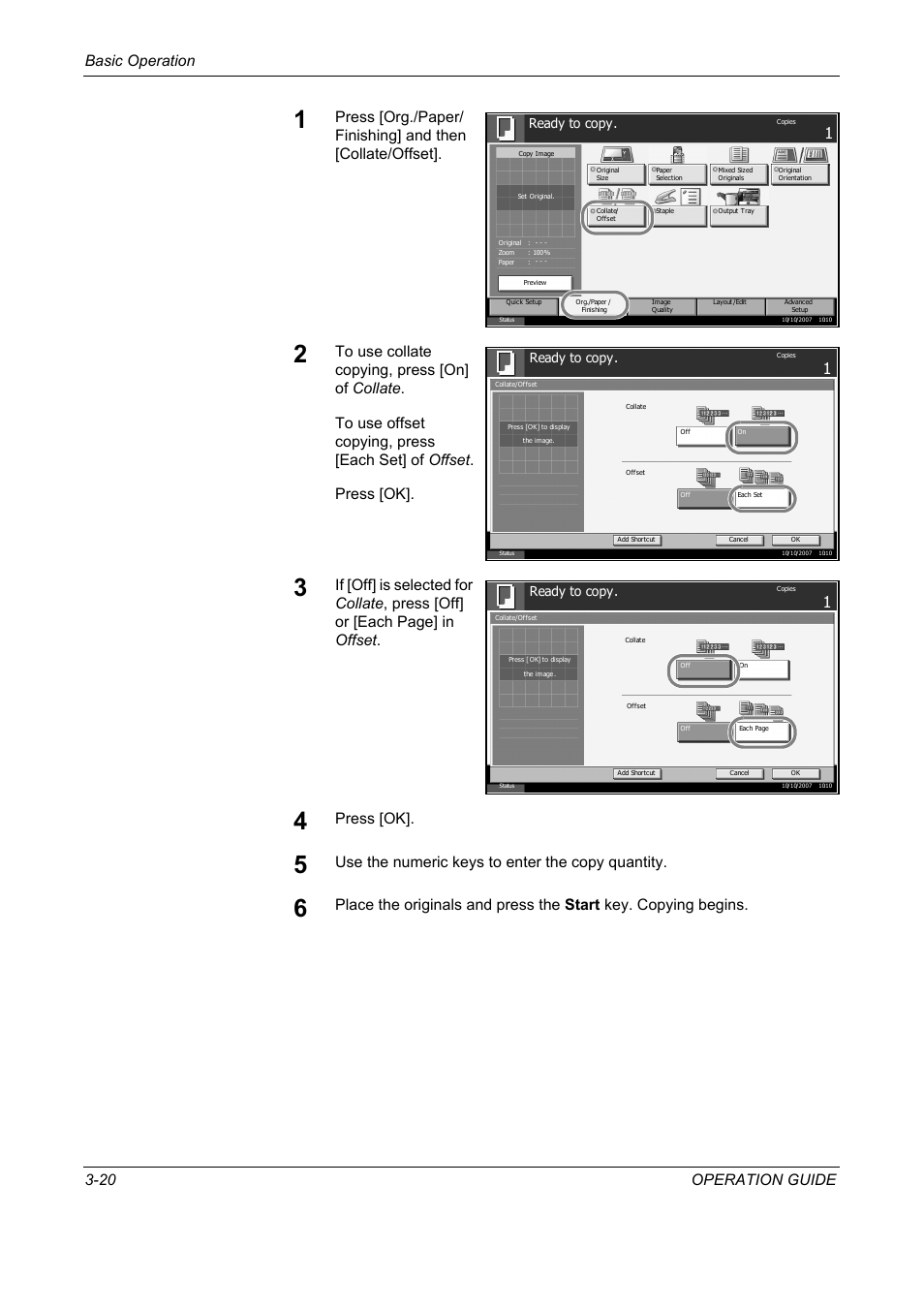 Basic operation 3-20 operation guide, Press [ok, Use the numeric keys to enter the copy quantity | Ready to copy | TA Triumph-Adler DC 2325 User Manual | Page 106 / 229
