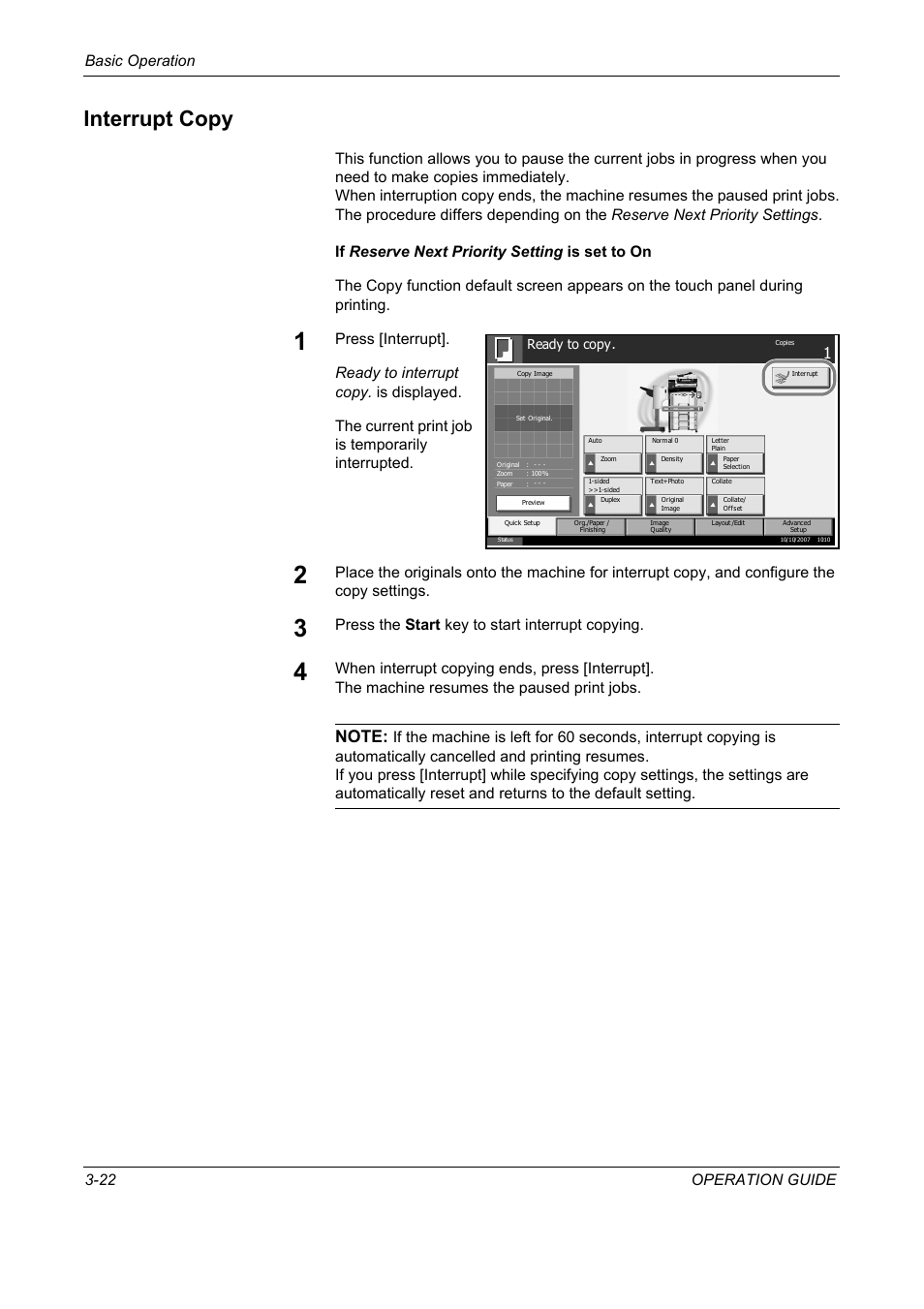 Interrupt copy, Basic operation 3-22 operation guide, Press the start key to start interrupt copying | TA Triumph-Adler DC 2325 User Manual | Page 108 / 229