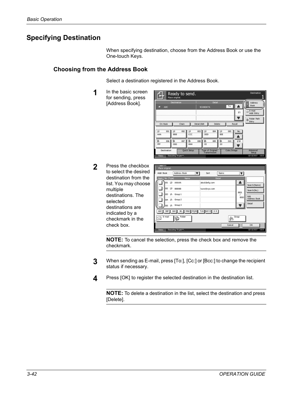 Specifying destination, Choosing from the address book, Specifying destination -42 | Basic operation 3-42 operation guide, Ready to send | TA Triumph-Adler DC 2325 User Manual | Page 128 / 229