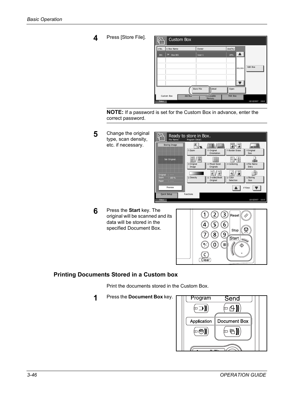 Printing documents stored in a custom box, Basic operation 3-46 operation guide, Press [store file | Print the documents stored in the custom box, Press the document box key, Ready to store in box | TA Triumph-Adler DC 2325 User Manual | Page 132 / 229