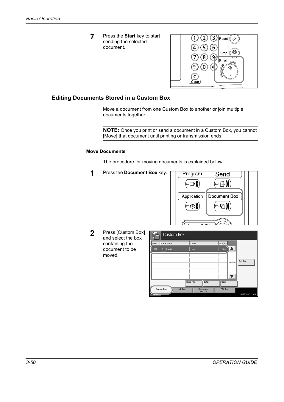 Editing documents stored in a custom box, Basic operation 3-50 operation guide, Press the document box key | TA Triumph-Adler DC 2325 User Manual | Page 136 / 229