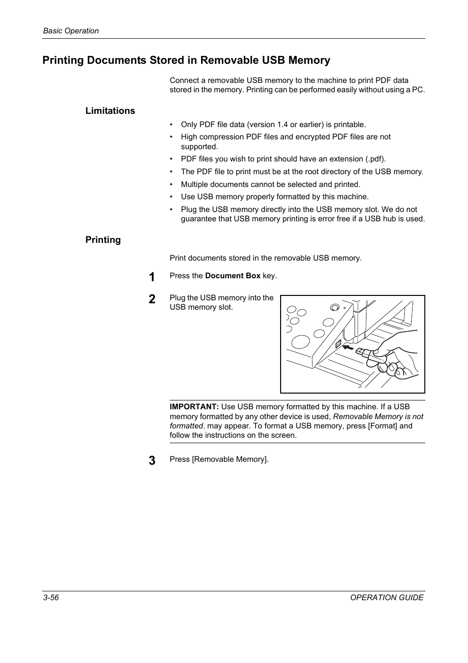 Printing documents stored in removable usb memory, Limitations, Printing | TA Triumph-Adler DC 2325 User Manual | Page 142 / 229