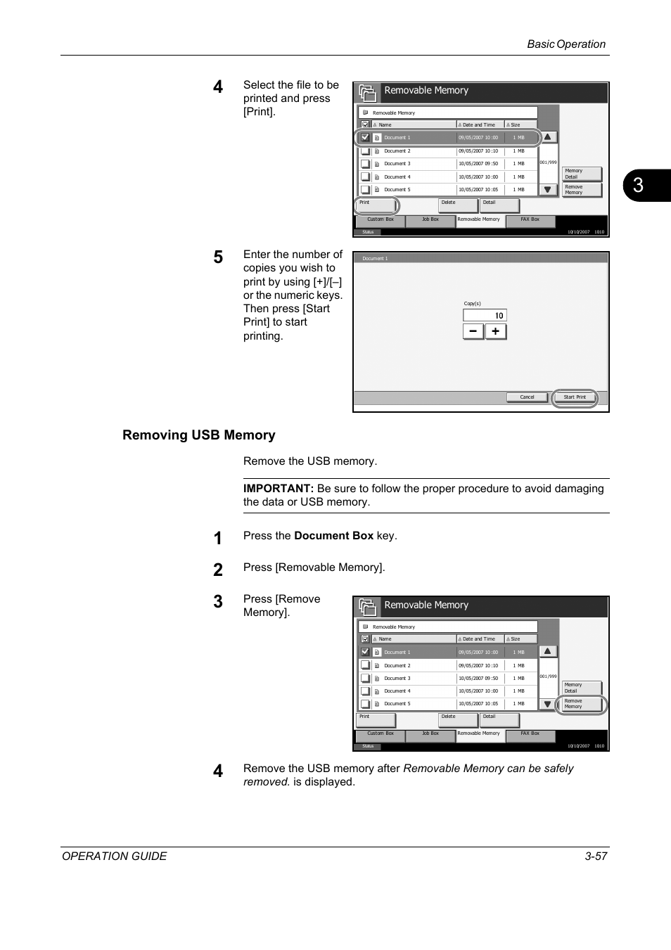 Removing usb memory, Basic operation operation guide 3-57, Select the file to be printed and press [print | Press the document box key | TA Triumph-Adler DC 2325 User Manual | Page 143 / 229