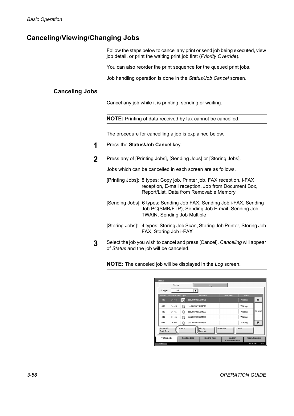 Canceling/viewing/changing jobs, Canceling jobs, Canceling/viewing/changing jobs -58 | Basic operation 3-58 operation guide, Press the status/job cancel key | TA Triumph-Adler DC 2325 User Manual | Page 144 / 229