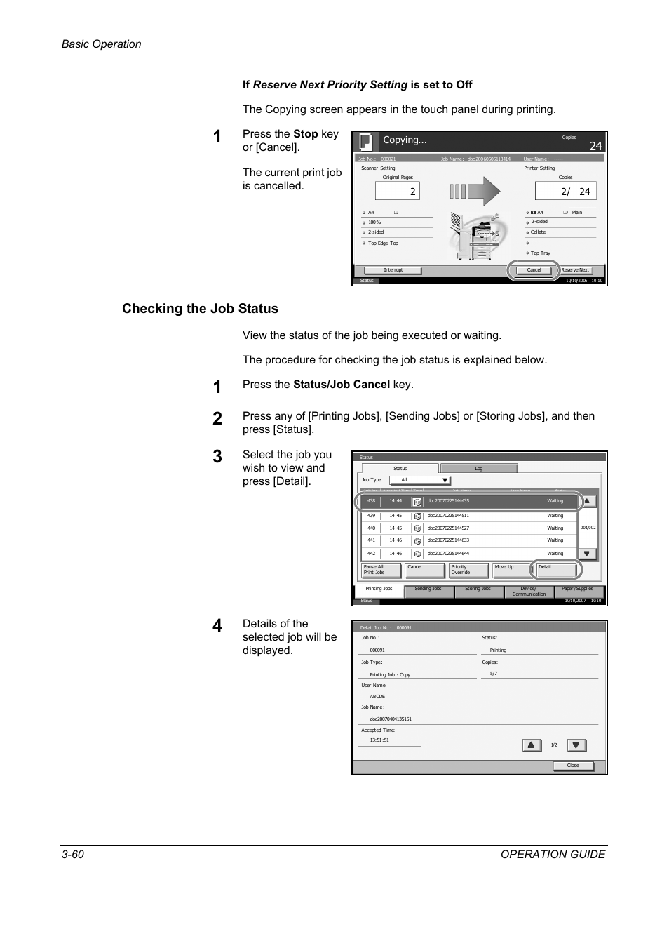 Checking the job status, Press the status/job cancel key, Select the job you wish to view and press [detail | Details of the selected job will be displayed, Copying | TA Triumph-Adler DC 2325 User Manual | Page 146 / 229