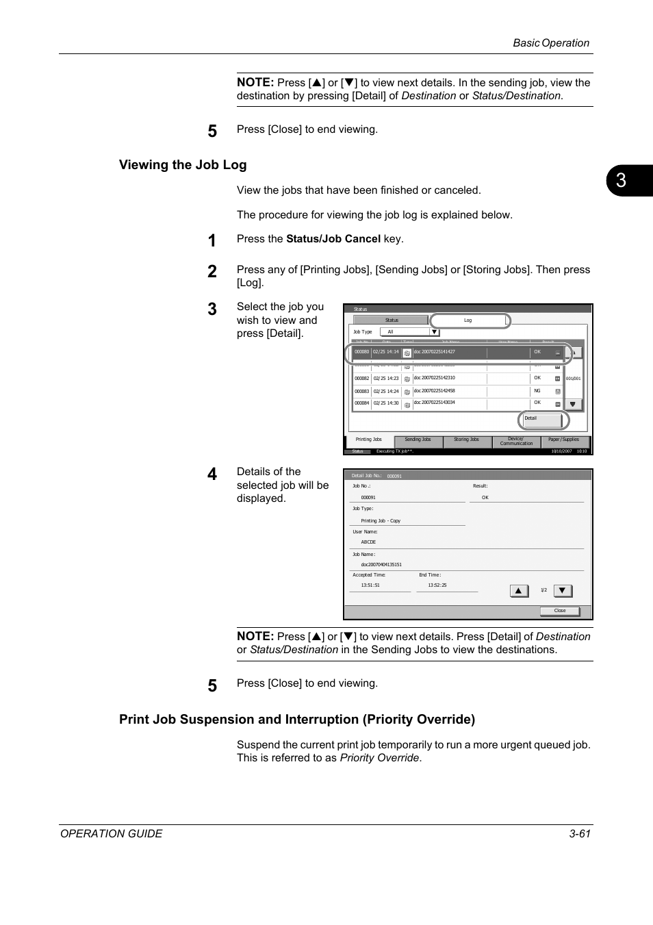 Viewing the job log, Basic operation operation guide 3-61, Press [close] to end viewing | Press the status/job cancel key, Select the job you wish to view and press [detail, Details of the selected job will be displayed | TA Triumph-Adler DC 2325 User Manual | Page 147 / 229