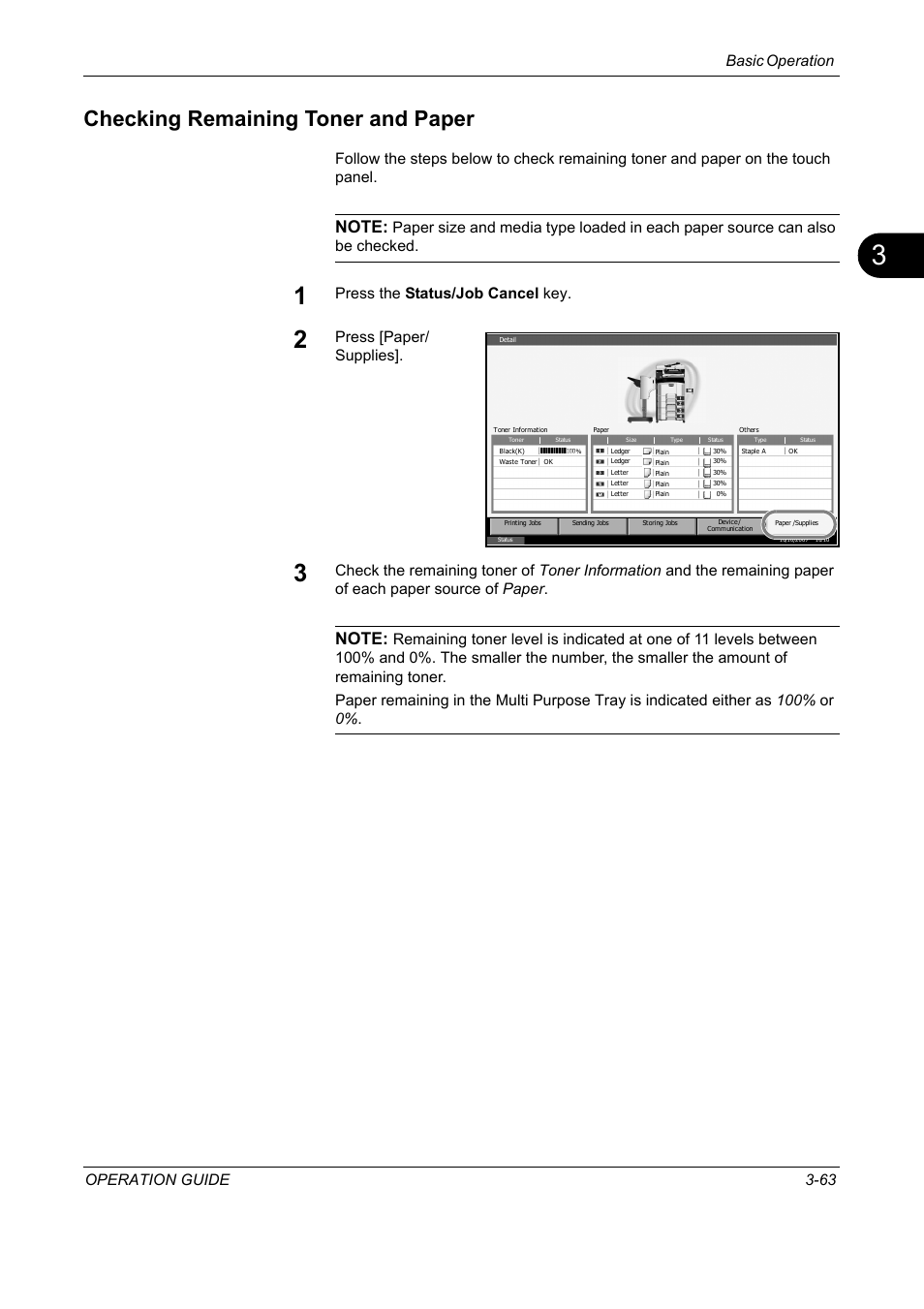 Checking remaining toner and paper, Checking remaining toner and paper -63, Basic operation operation guide 3-63 | Press the status/job cancel key, Press [paper/ supplies | TA Triumph-Adler DC 2325 User Manual | Page 149 / 229