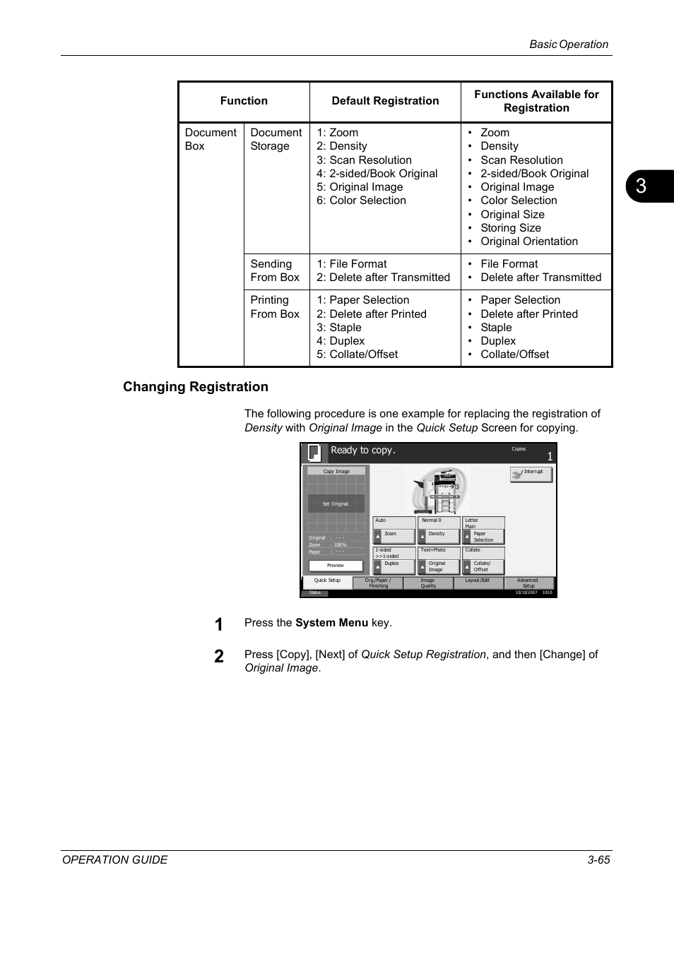 Changing registration, Basic operation operation guide 3-65, Press the system menu key | TA Triumph-Adler DC 2325 User Manual | Page 151 / 229