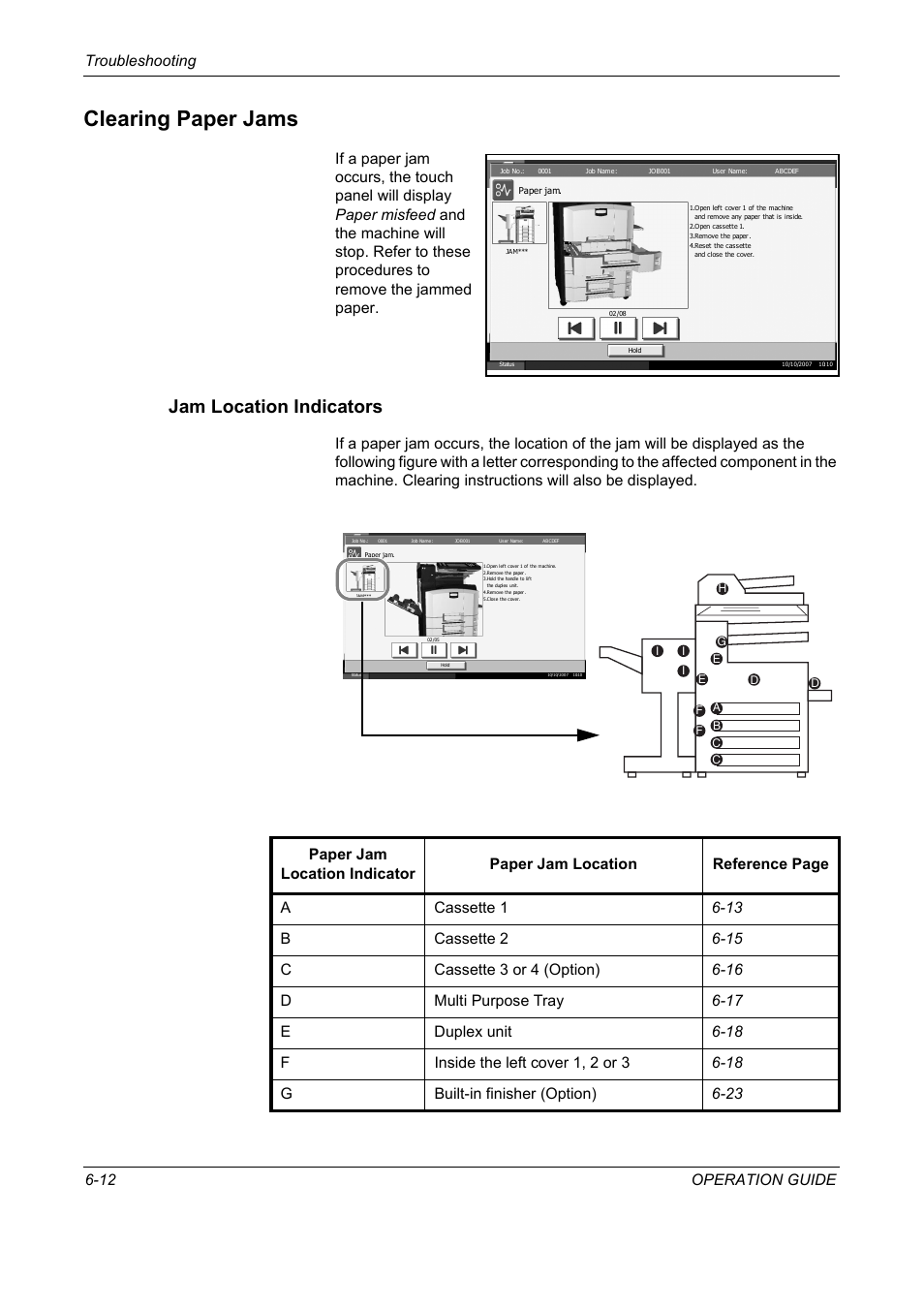 Clearing paper jams, Jam location indicators, Clearing paper jams -12 | Troubleshooting 6-12 operation guide | TA Triumph-Adler DC 2325 User Manual | Page 192 / 229