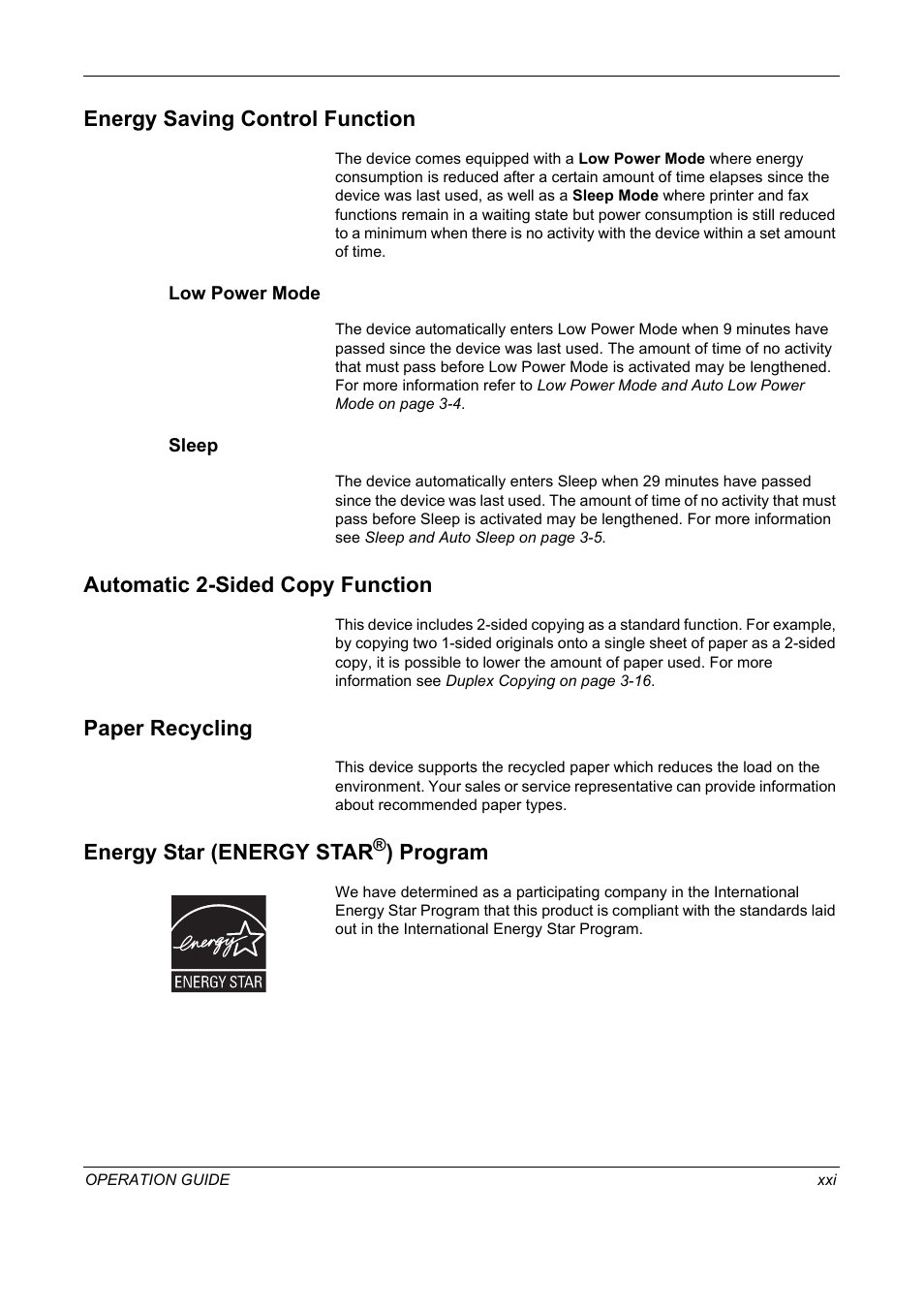 Energy saving control function, Low power mode, Sleep | Automatic 2-sided copy function, Paper recycling, Energy star (energy star®) program, Energy star (energy star, Program...................... xxi, Program | TA Triumph-Adler DC 2325 User Manual | Page 23 / 229