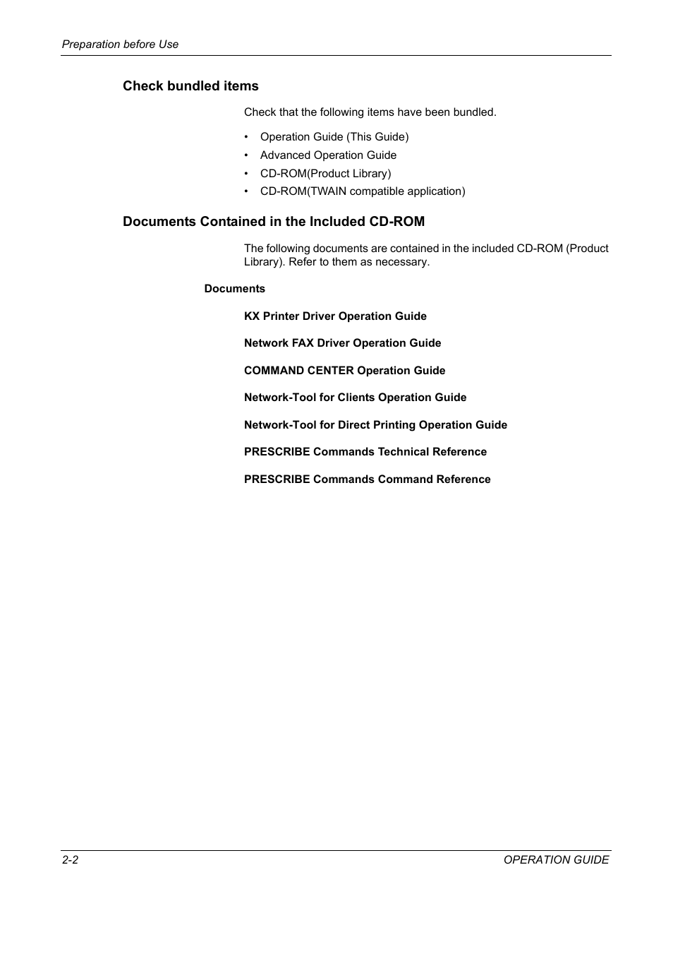 Check bundled items, Documents contained in the included cd-rom | TA Triumph-Adler DC 2325 User Manual | Page 36 / 229