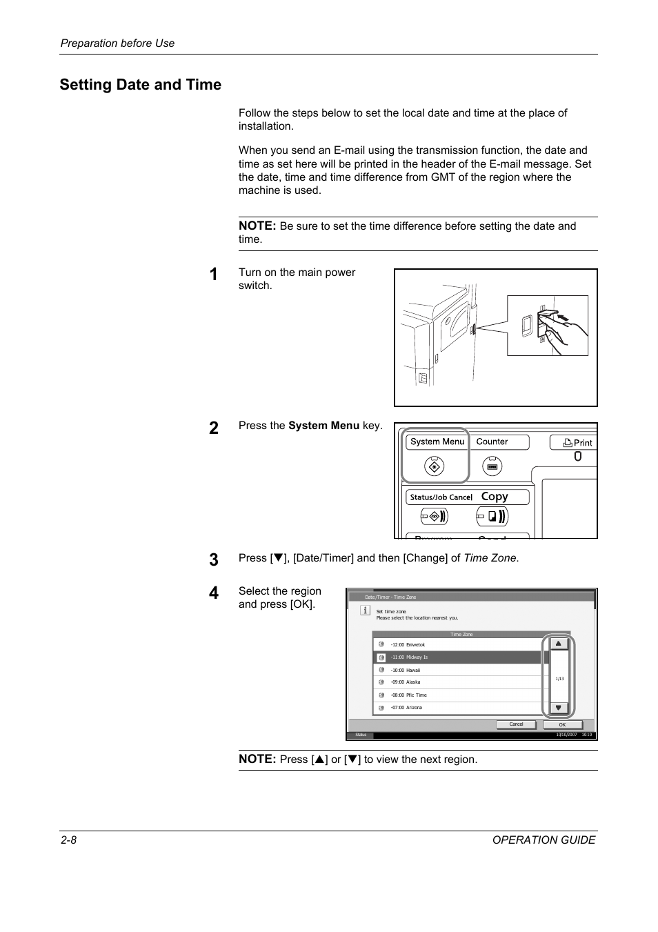 Setting date and time, Setting date and time -8 | TA Triumph-Adler DC 2325 User Manual | Page 42 / 229