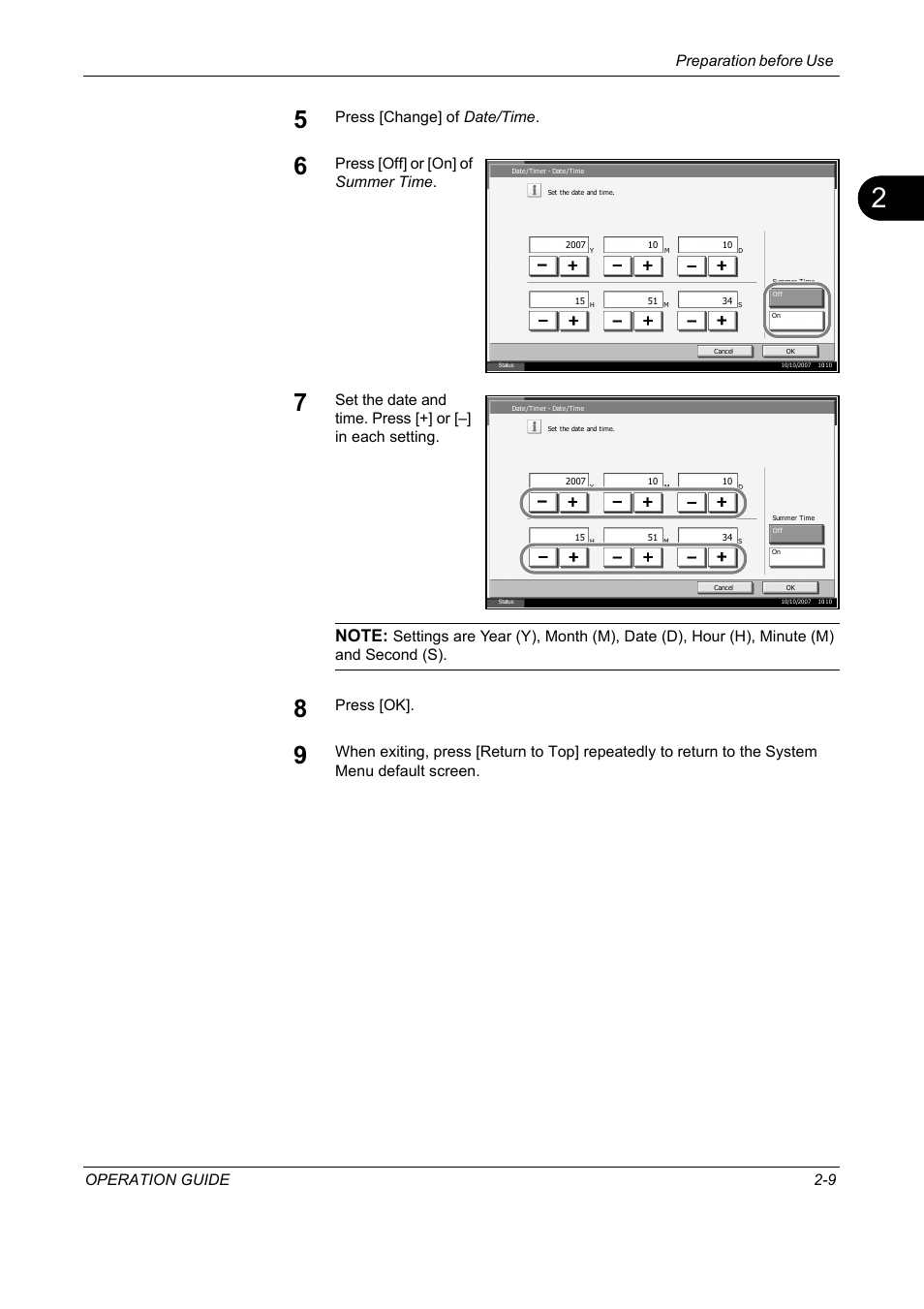 Preparation before use operation guide 2-9, Press [change] of date/time, Press [off] or [on] of summer time | Press [ok | TA Triumph-Adler DC 2325 User Manual | Page 43 / 229