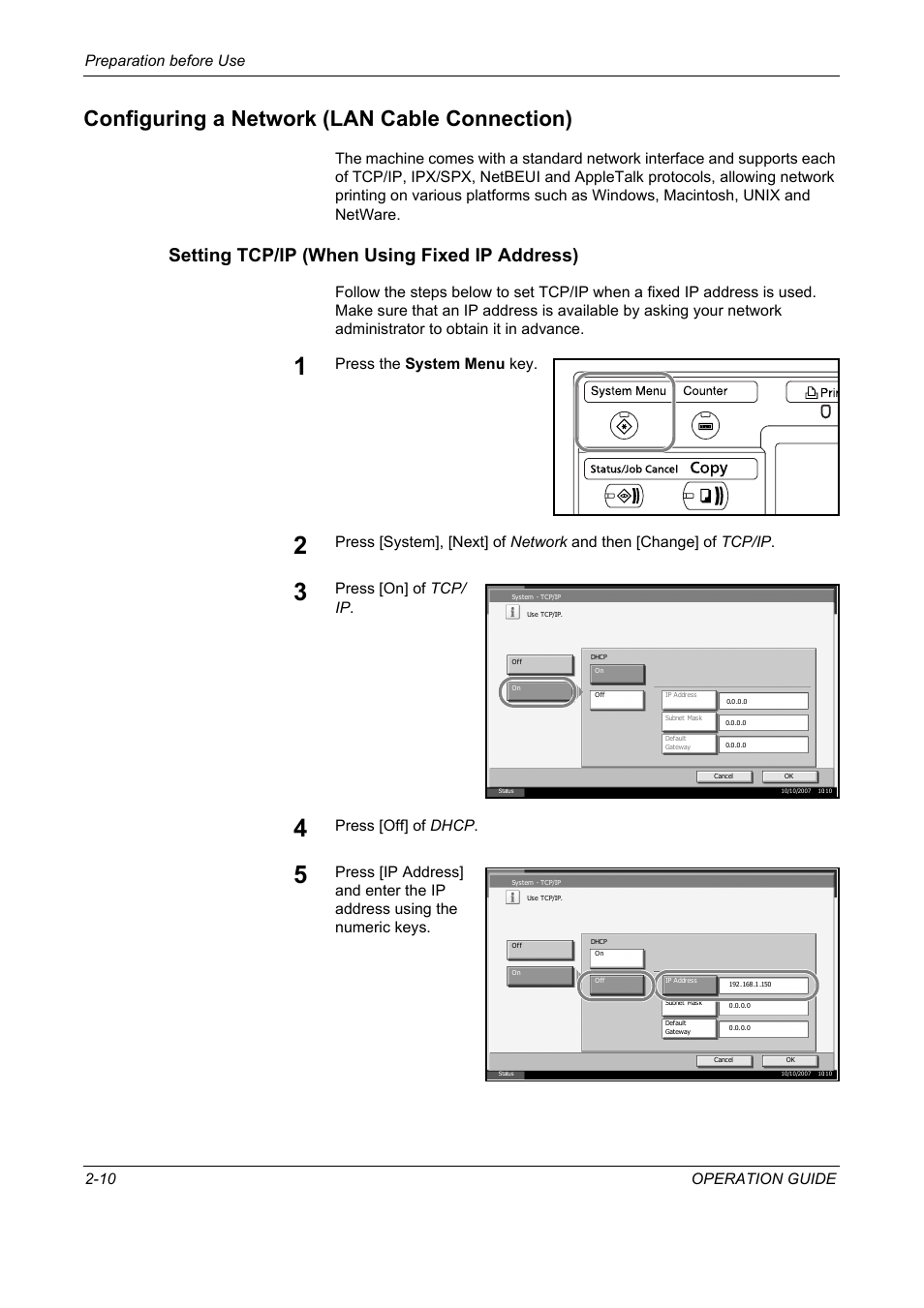 Configuring a network (lan cable connection), Setting tcp/ip (when using fixed ip address), Configuring a network (lan cable connection) -10 | Preparation before use 2-10 operation guide, Press the system menu key, Press [on] of tcp/ ip, Press [off] of dhcp | TA Triumph-Adler DC 2325 User Manual | Page 44 / 229