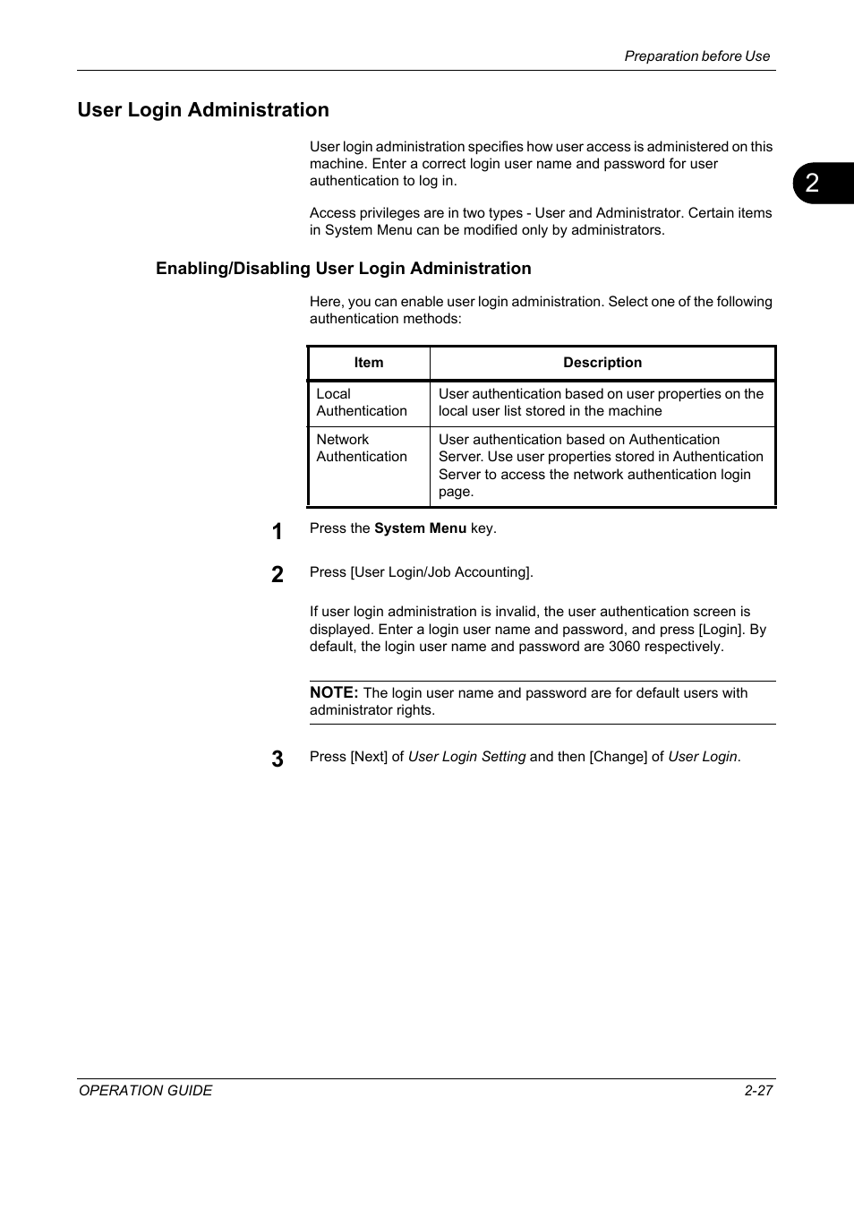 User login administration, Enabling/disabling user login administration, User login administration -27 | TA Triumph-Adler DC 2325 User Manual | Page 61 / 229