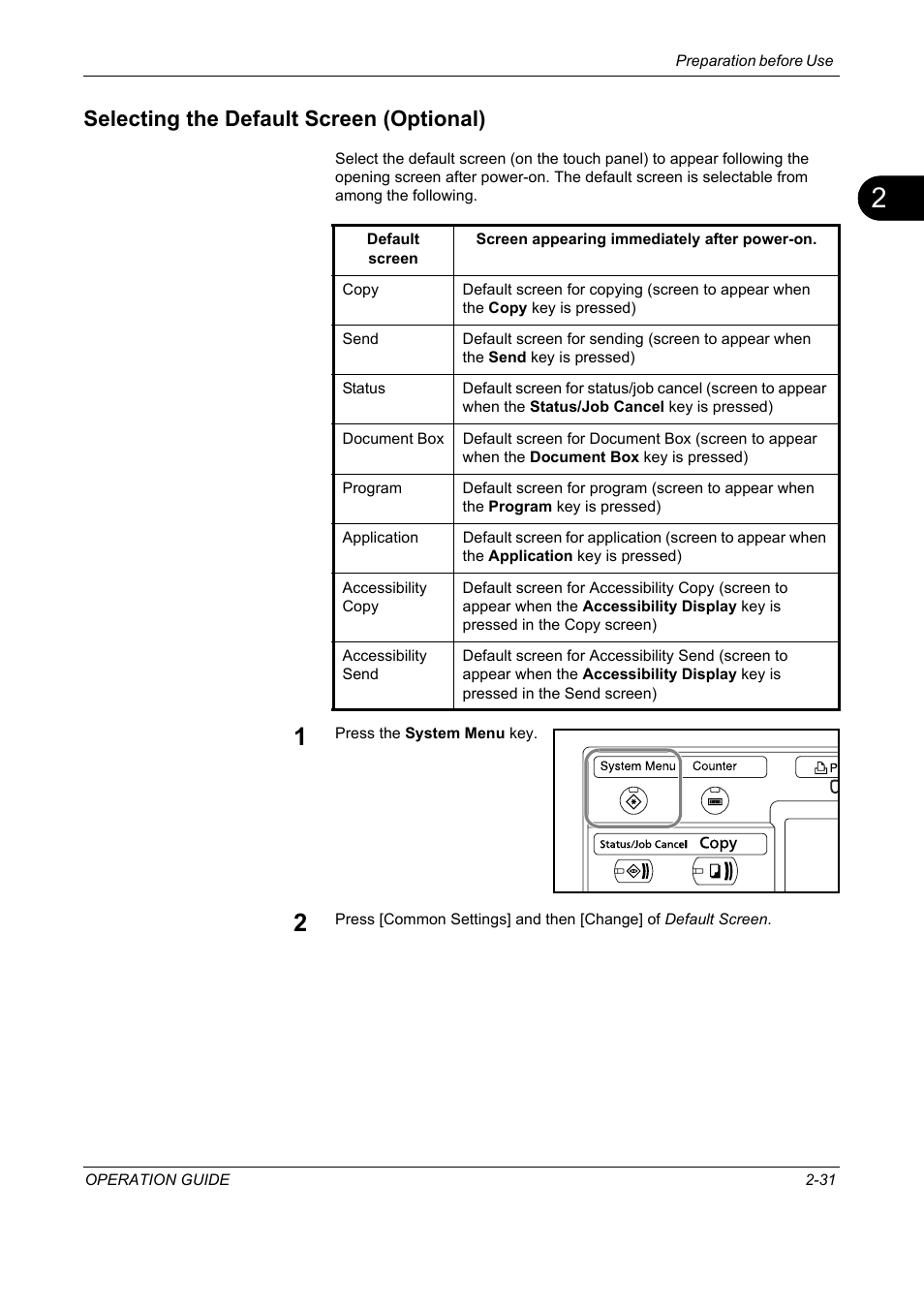 Selecting the default screen (optional), Selecting the default screen (optional) -31 | TA Triumph-Adler DC 2325 User Manual | Page 65 / 229