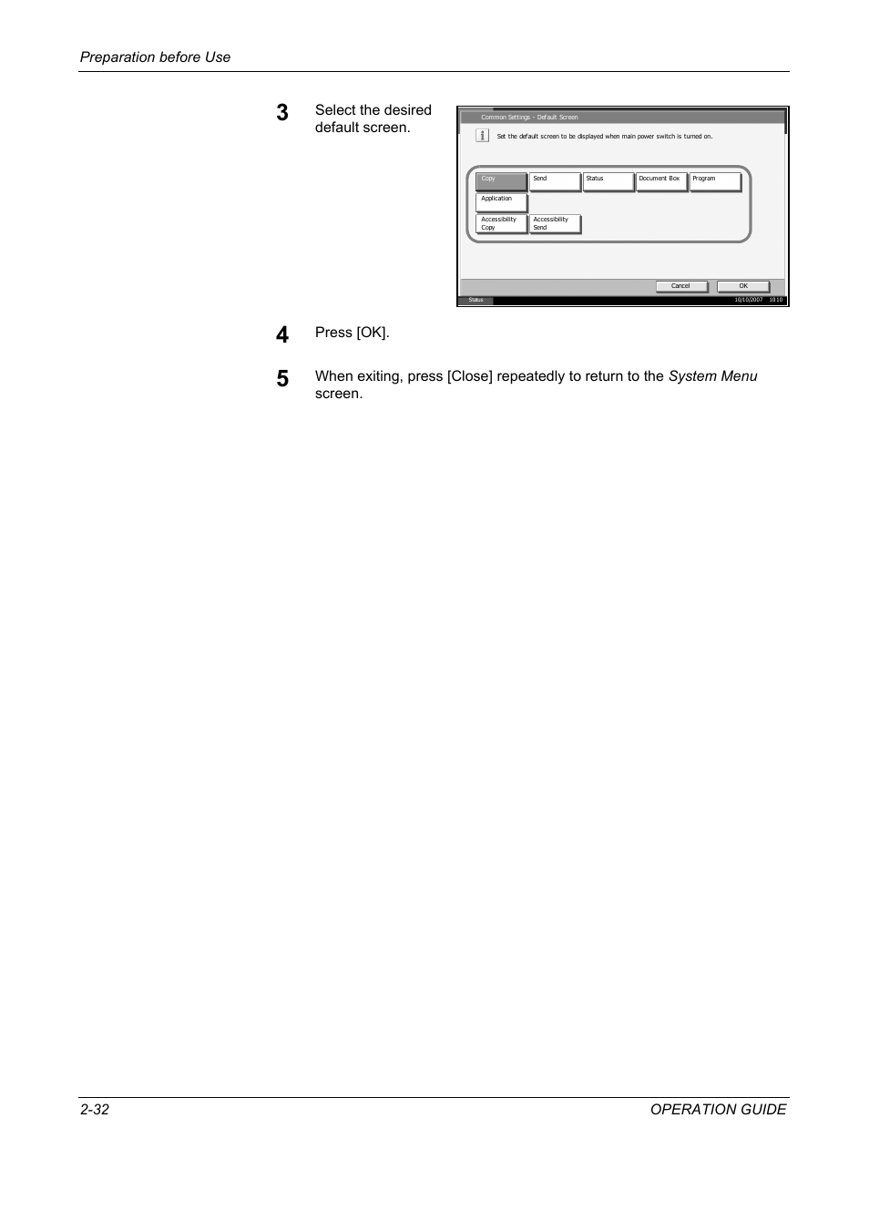 Preparation before use 2-32 operation guide, Select the desired default screen, Press [ok | TA Triumph-Adler DC 2325 User Manual | Page 66 / 229