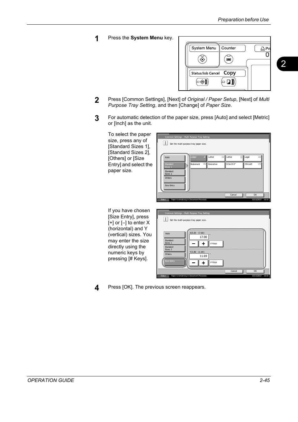 Preparation before use operation guide 2-45, Press the system menu key, Press [ok]. the previous screen reappears | TA Triumph-Adler DC 2325 User Manual | Page 79 / 229