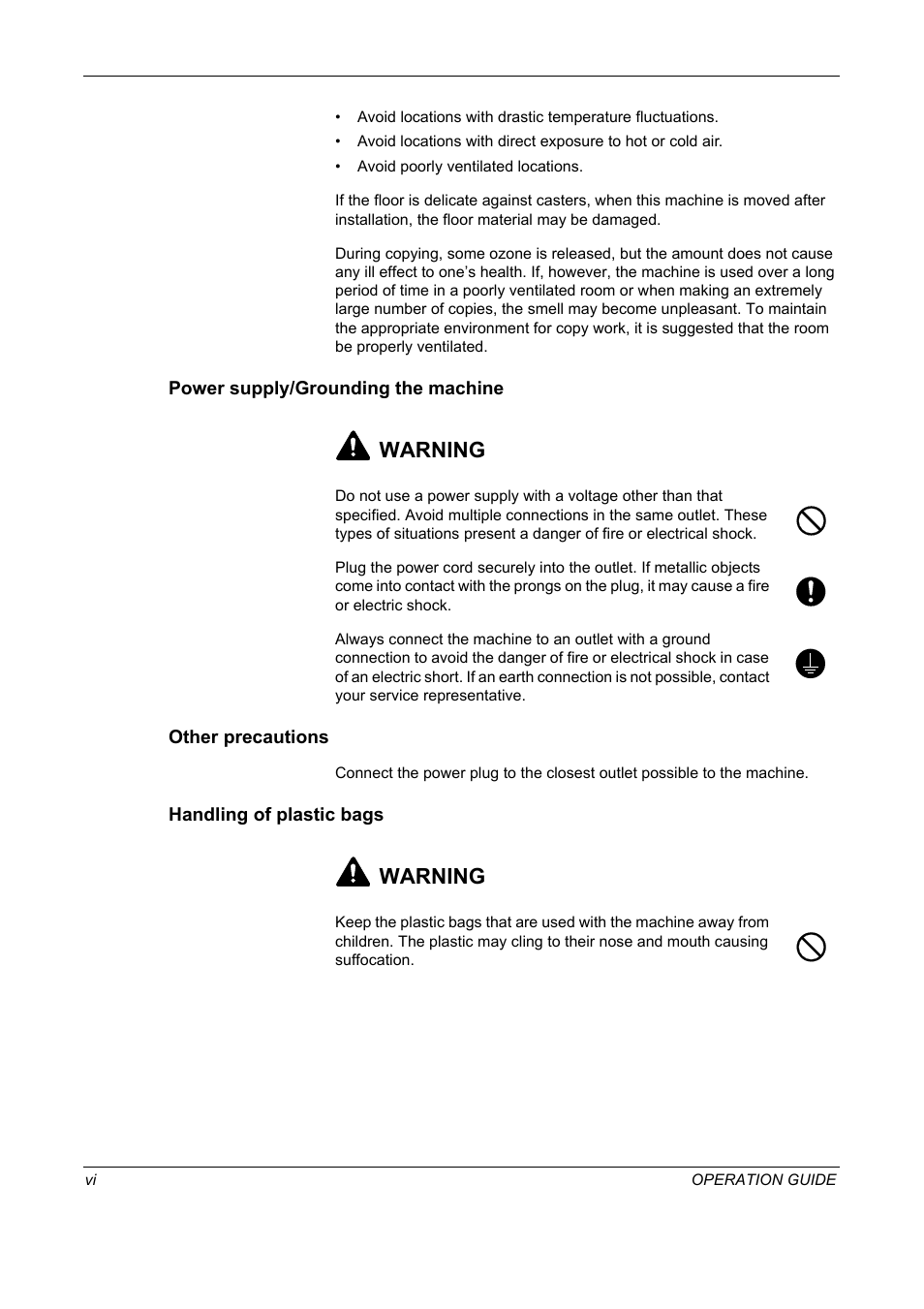 Power supply/grounding the machine, Other precautions, Handling of plastic bags | Warning | TA Triumph-Adler DC 2325 User Manual | Page 8 / 229