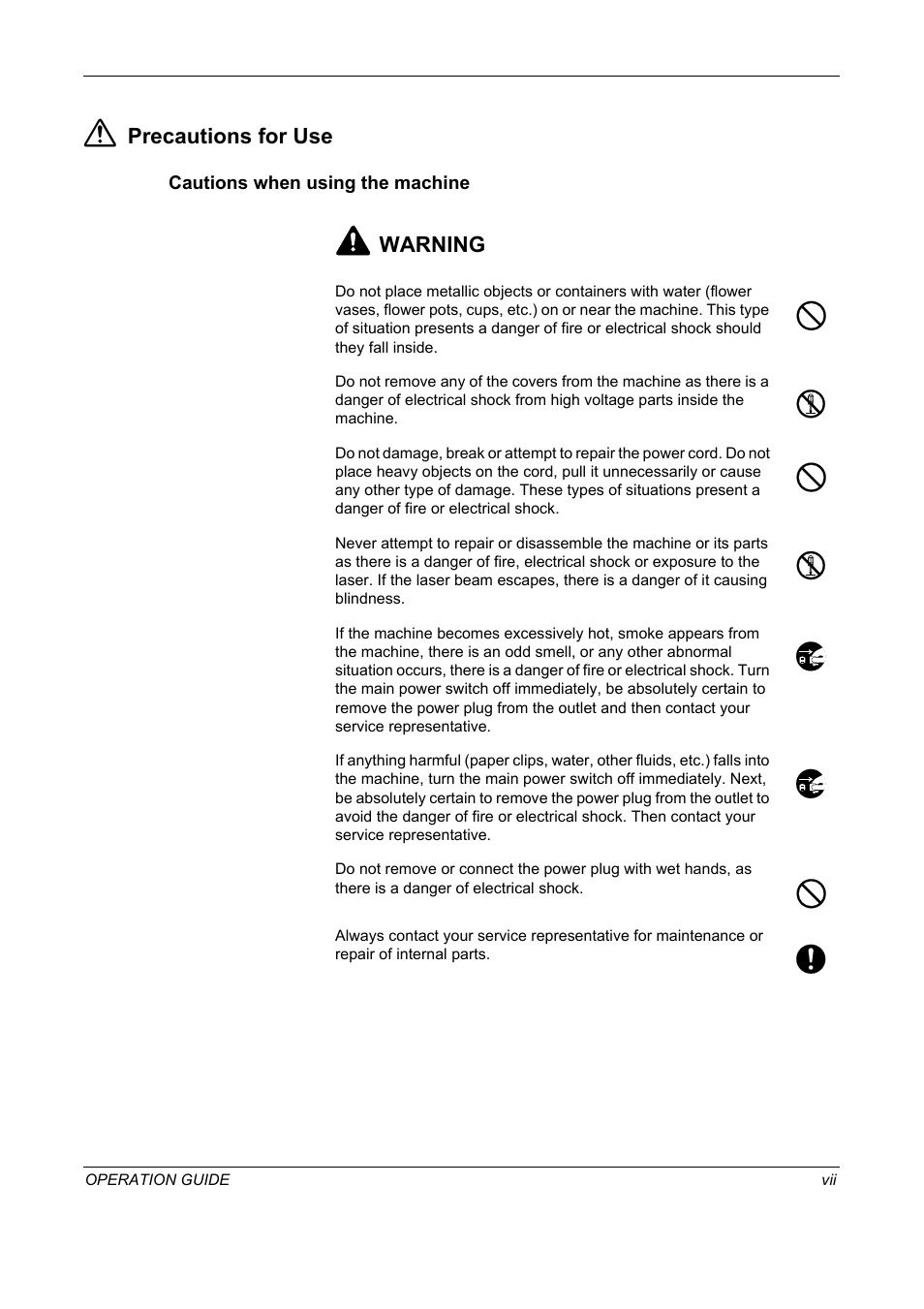 Cautions when using the machine, Precautions for use, Warning | TA Triumph-Adler DC 2325 User Manual | Page 9 / 229