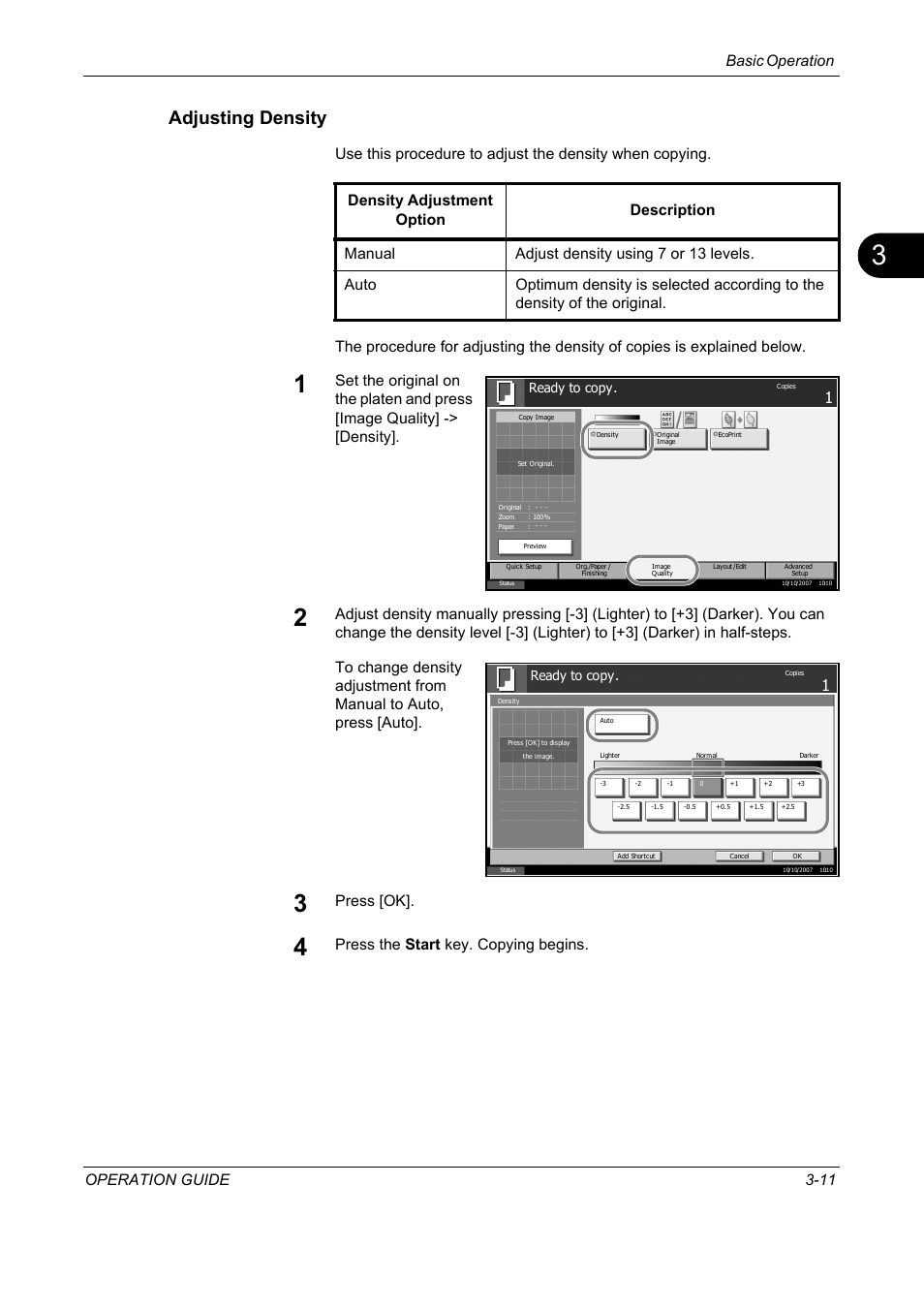 Adjusting density, Basic operation operation guide 3-11, Press [ok | TA Triumph-Adler DC 2325 User Manual | Page 97 / 229