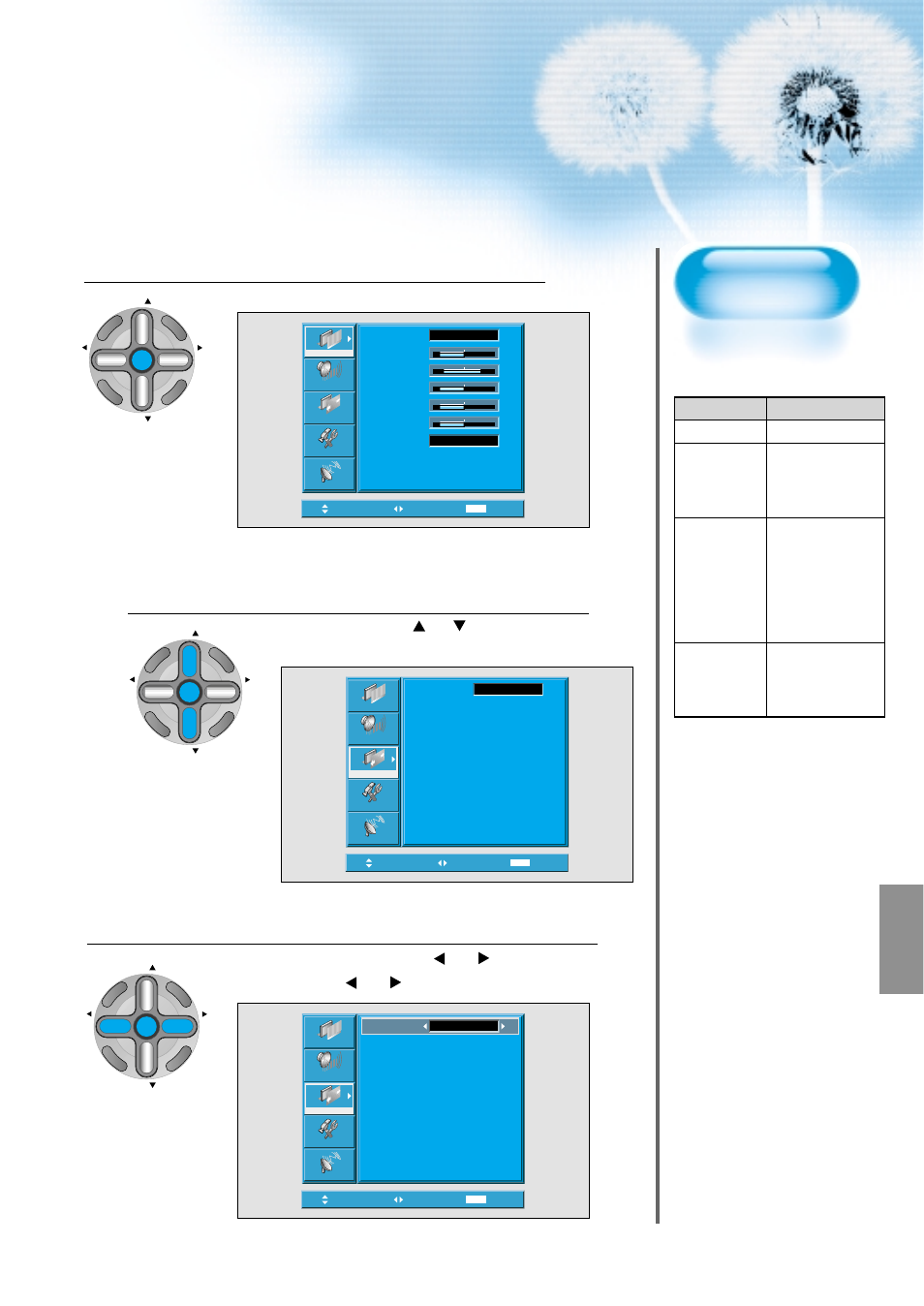 Press the menu button, Select [screen, Select the [screen size | Adjusting from menu screen, Press the [menu] button on the remote control, Press the channel “ ch ” button to select [screen, Available screen mode | Daewoo DTS - 42 User Manual | Page 49 / 79