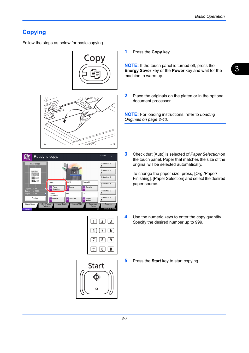 Copying, Copying -7, Basic operation 3-7 | Follow the steps as below for basic copying, Press the copy key, Press the start key to start copying | TA Triumph-Adler DC 2435 User Manual | Page 101 / 568