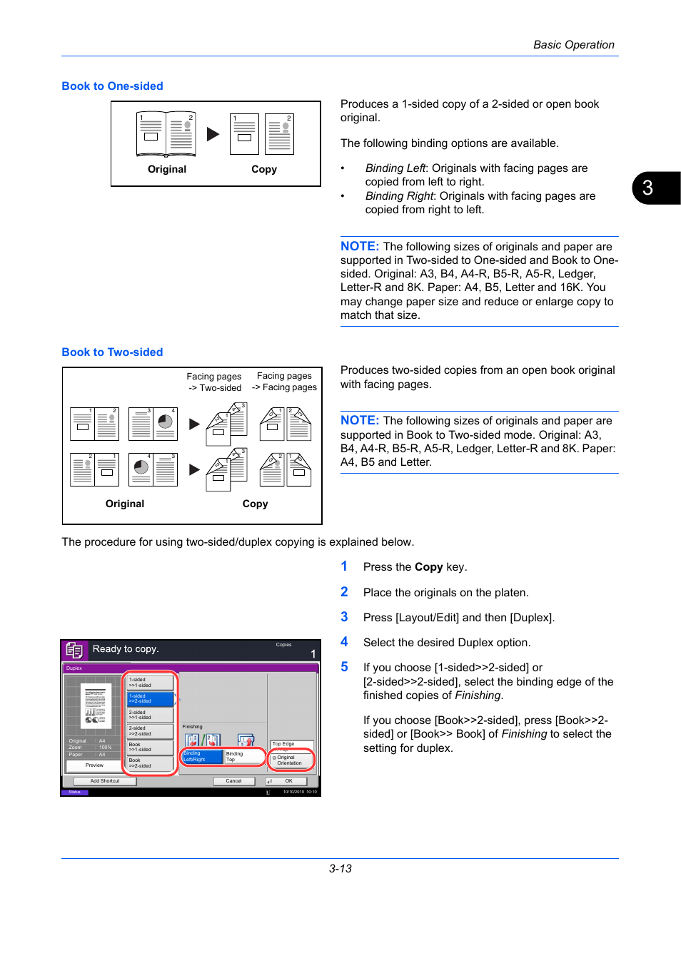 Basic operation 3-13, Press the copy key, Place the originals on the platen | Press [layout/edit] and then [duplex, Select the desired duplex option, Original copy | TA Triumph-Adler DC 2435 User Manual | Page 107 / 568