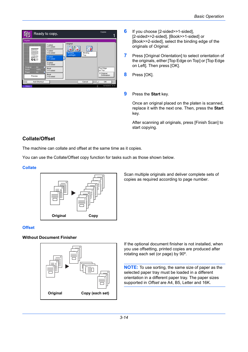 Collate/offset, E 3-14, Ge 3-14 | E 3-14), Basic operation 3-14, Press [ok, Original copy, Original copy (each set) | TA Triumph-Adler DC 2435 User Manual | Page 108 / 568