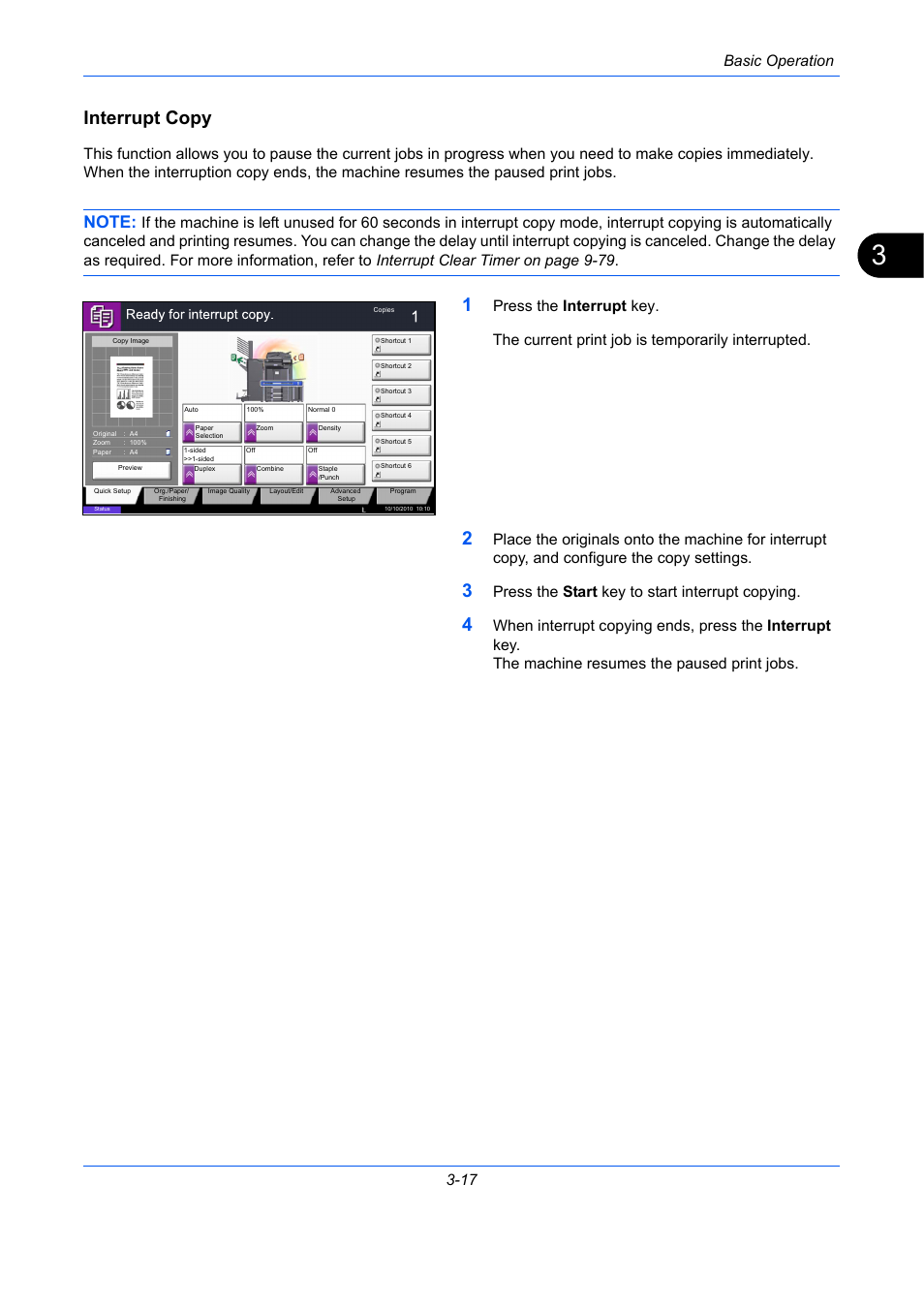 Interrupt copy, Basic operation 3-17, Press the start key to start interrupt copying | TA Triumph-Adler DC 2435 User Manual | Page 111 / 568