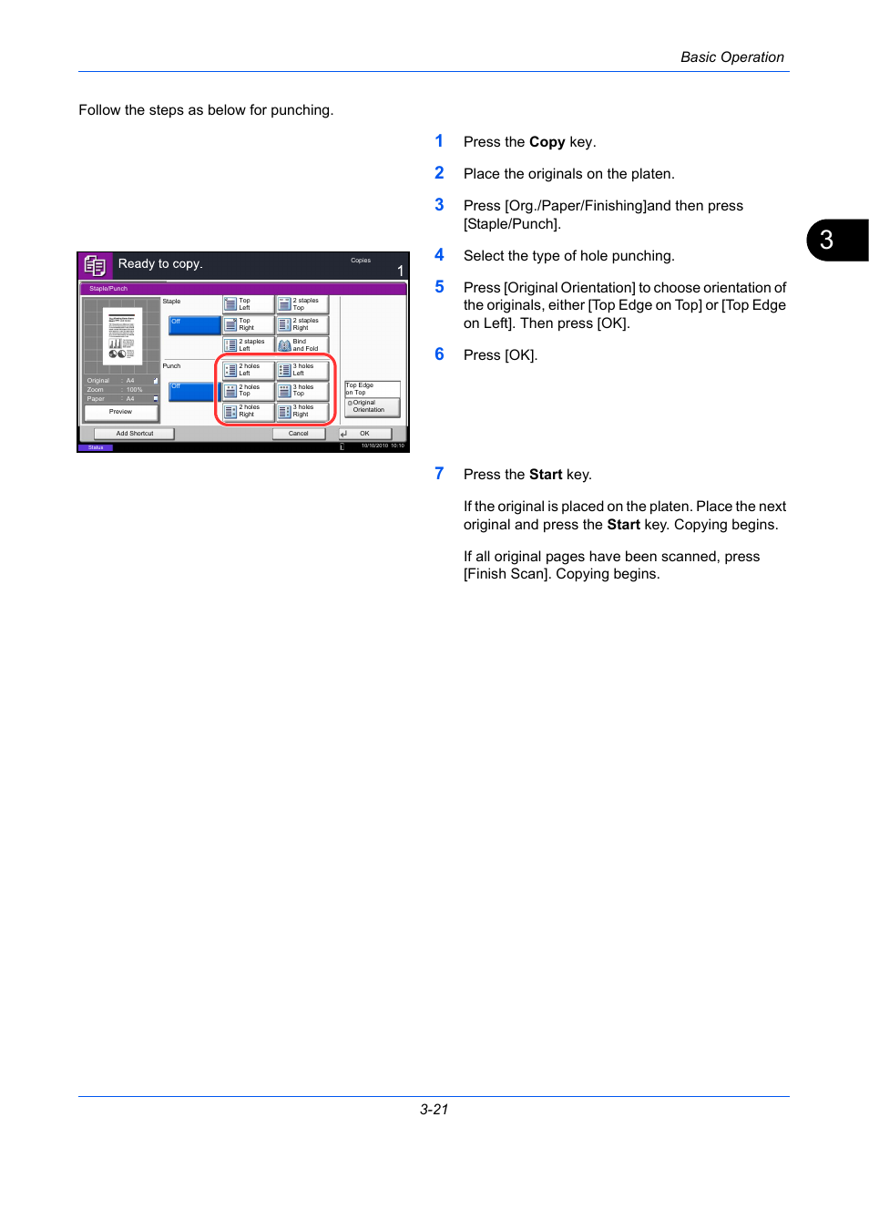 Basic operation 3-21, Follow the steps as below for punching, Press the copy key | Place the originals on the platen, Select the type of hole punching, Press [ok | TA Triumph-Adler DC 2435 User Manual | Page 115 / 568