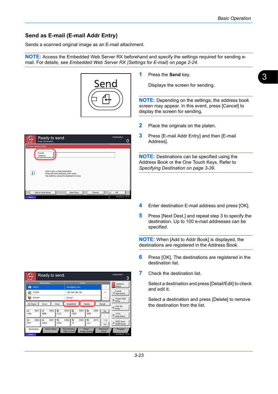 Send as e-mail (e-mail addr entry), E 3-23, Basic operation 3-23 | Place the originals on the platen, Press [e-mail addr entry] and then [e-mail address, Enter destination e-mail address and press [ok | TA Triumph-Adler DC 2435 User Manual | Page 117 / 568