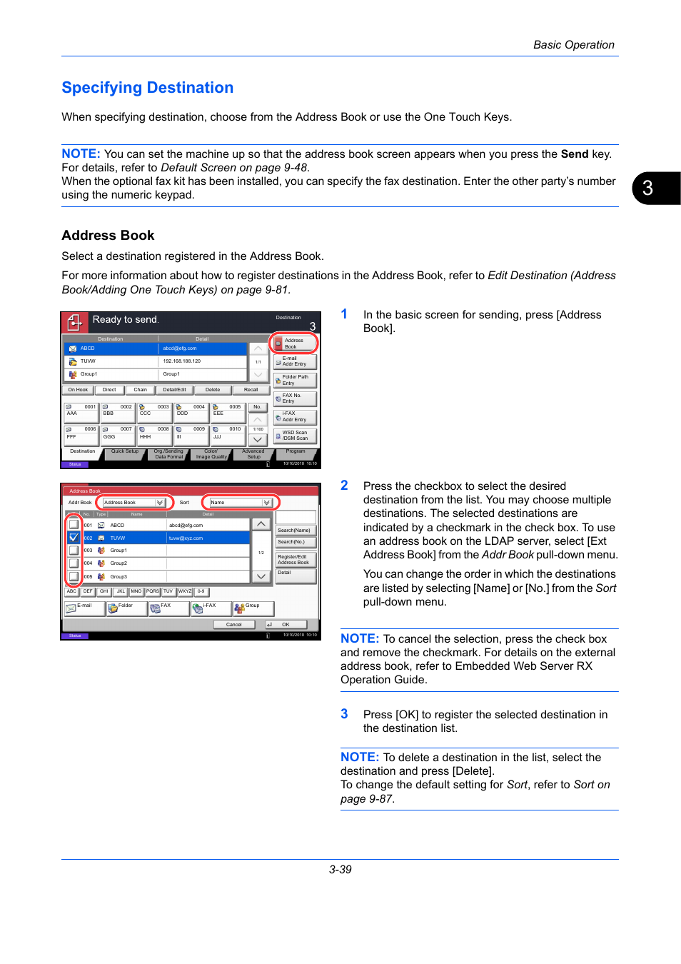 Specifying destination, Address book, Specifying destination -39 | Basic operation 3-39 | TA Triumph-Adler DC 2435 User Manual | Page 133 / 568