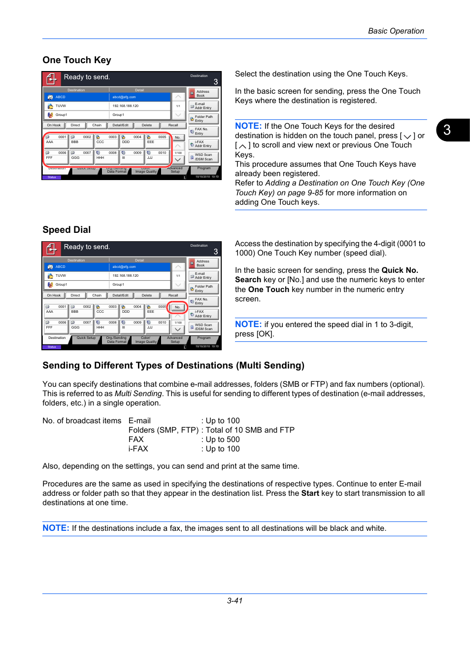 One touch key, Speed dial, Sending to different types of | Basic operation 3-41 | TA Triumph-Adler DC 2435 User Manual | Page 135 / 568