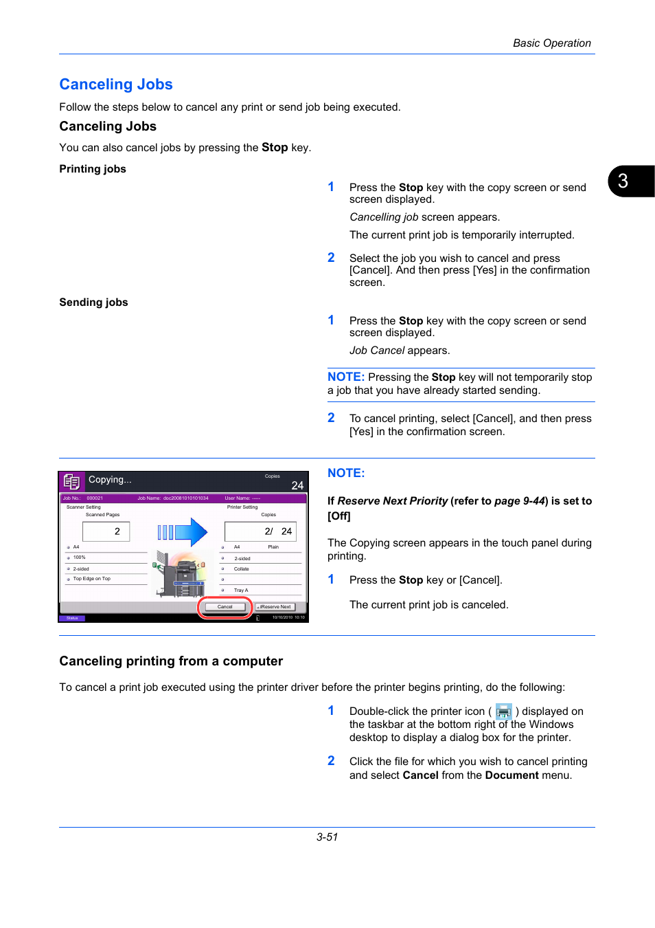 Canceling jobs, Canceling printing from a computer, Canceling jobs -51 | Stop | TA Triumph-Adler DC 2435 User Manual | Page 145 / 568