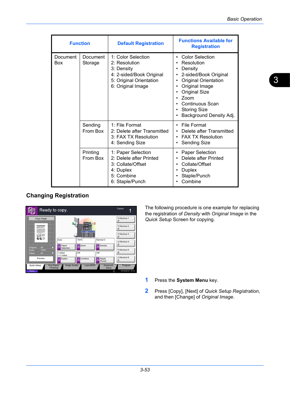 Changing registration, Basic operation 3-53, Press the system menu key | TA Triumph-Adler DC 2435 User Manual | Page 147 / 568