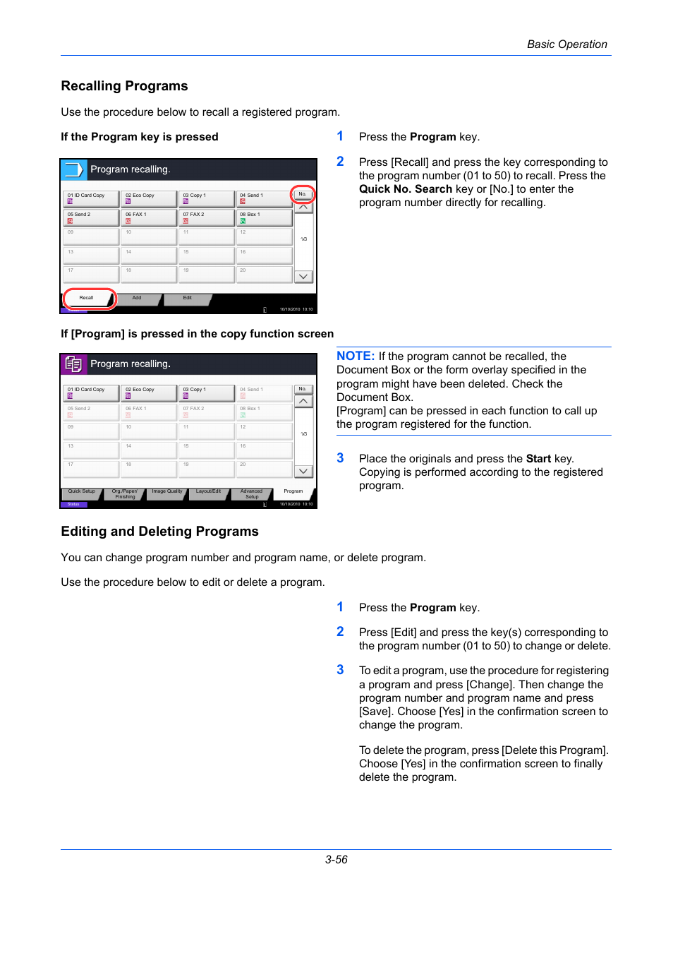 Recalling programs, Editing and deleting programs, Basic operation 3-56 | Press the program key | TA Triumph-Adler DC 2435 User Manual | Page 150 / 568