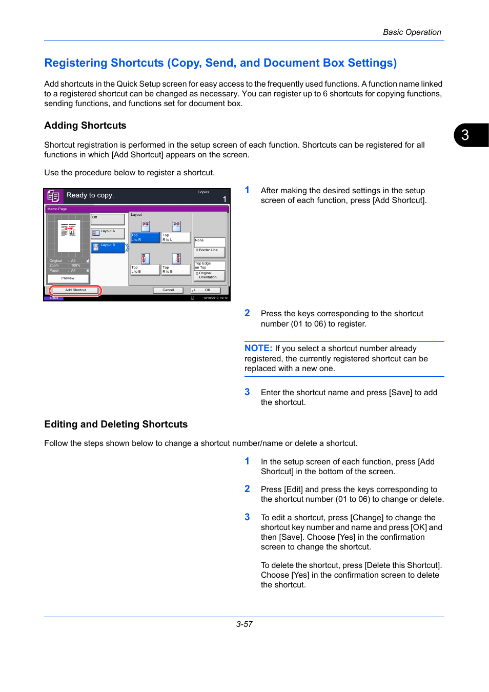 Adding shortcuts, Editing and deleting shortcuts, Basic operation 3-57 | TA Triumph-Adler DC 2435 User Manual | Page 151 / 568